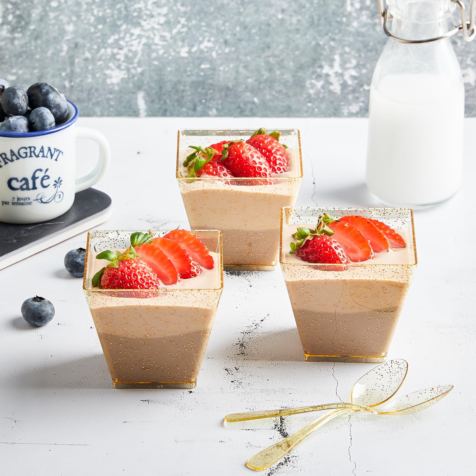 3.5 oz Mini Gold Glitter Plastic Dessert Cups with Spoons - 50 Pack Small Parfait Shooter Cups for Party Appetizers, Banana Pudding, Jello, Ice Cream & Cocktail Serving - Elegant Wedding & Birthday Party Decorations
