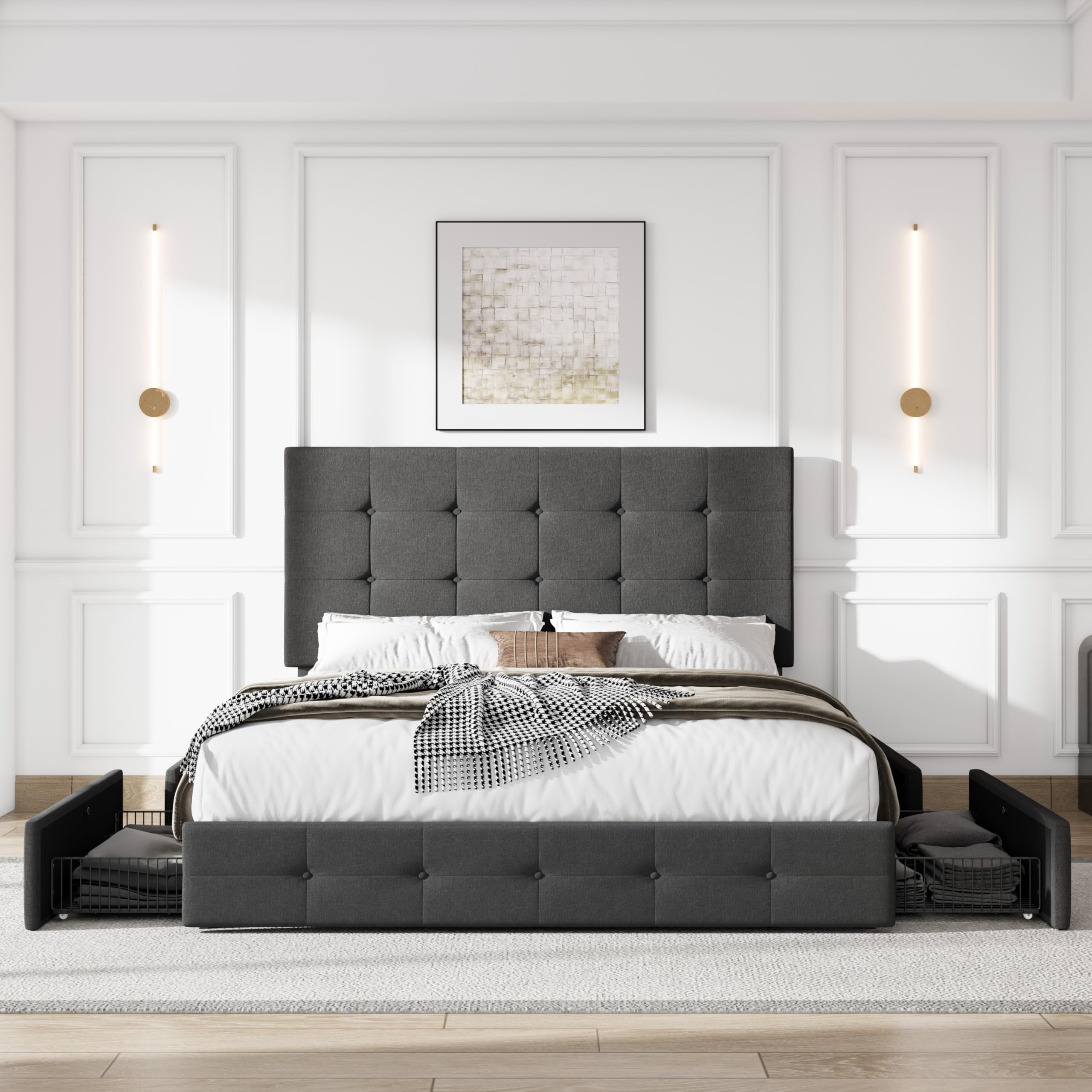 Queen Size Upholstered Platform Bed Frame with 4 Storage Drawers & Adjustable Headboard - Dark Grey Tufted Design, Wooden Slat Support, No Box Spring Needed | Perfect for Small Bedrooms, Guest Rooms & Modern Apartments