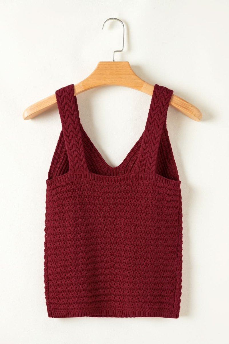 Burgundy Cable Knit Pointelle Slim Fit V Neck Sweater Vest for Women | Winter Layering Piece | Office & Casual Outfits