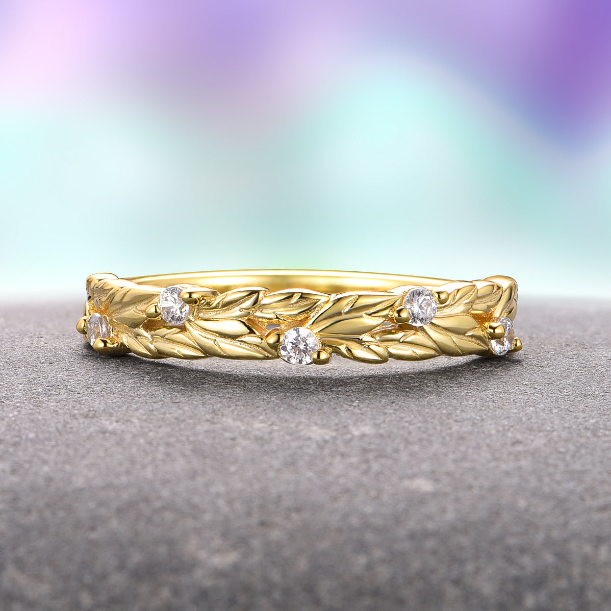14K Yellow Gold Vermeil Leaf Wedding Band for Women - Elegant Nature-Inspired Ring for Brides, Engagement, Anniversary & Everyday Wear