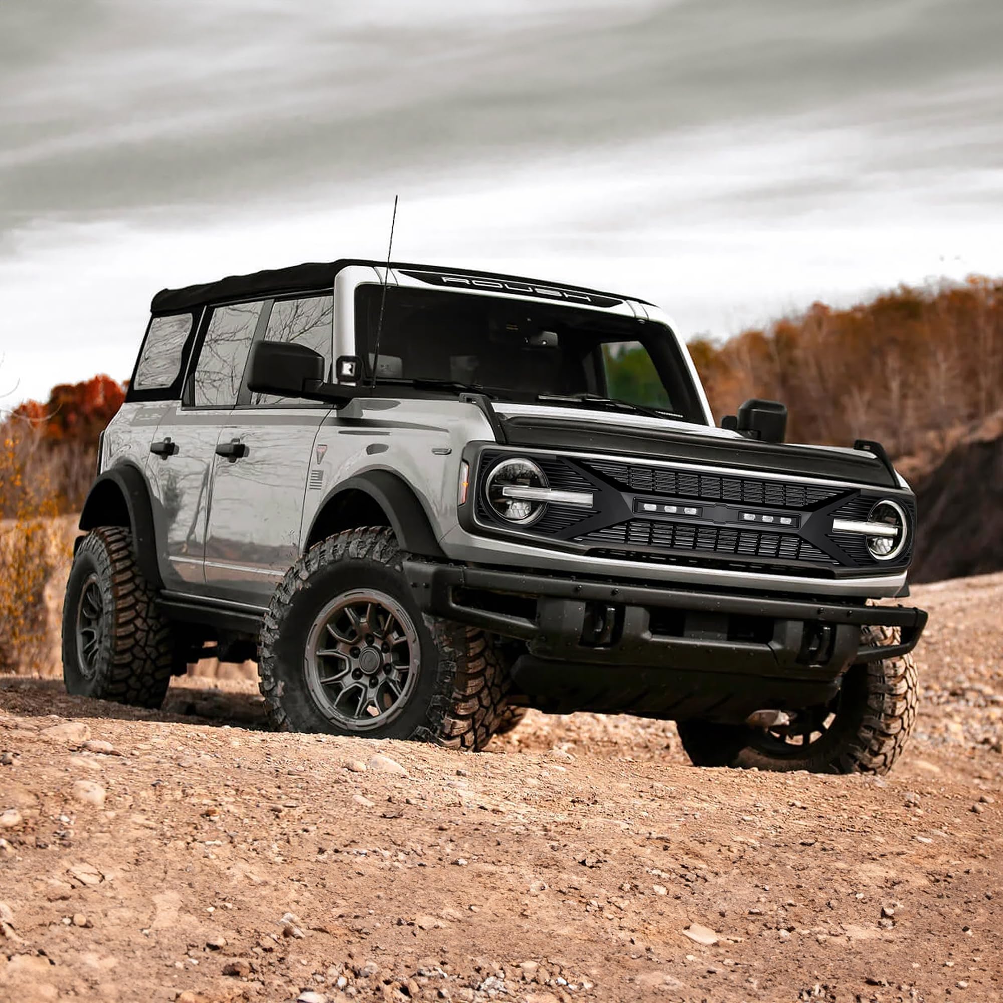 2021-2024 Ford Bronco 2 & 4 Door Matte Black Front Grille Replacement with Off-Road Lights & Camera Compatibility - Upgrade Your Bronco's Off-Road Style for Trail Adventures & Urban Driving