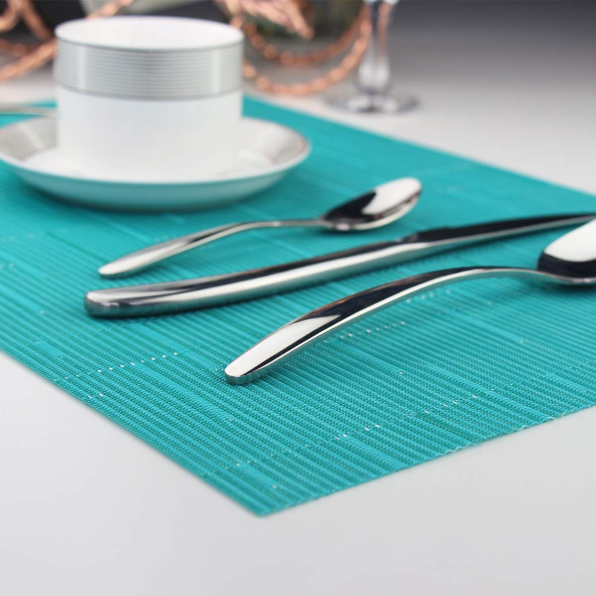 PIGCHCY Heat Resistant Placemats Set of 4 - Durable Washable Woven Vinyl Table Mats for Kitchen & Dining (18x12 Inches, Turquoise) - Perfect for Everyday Meals, Dinner Parties & Home Decor