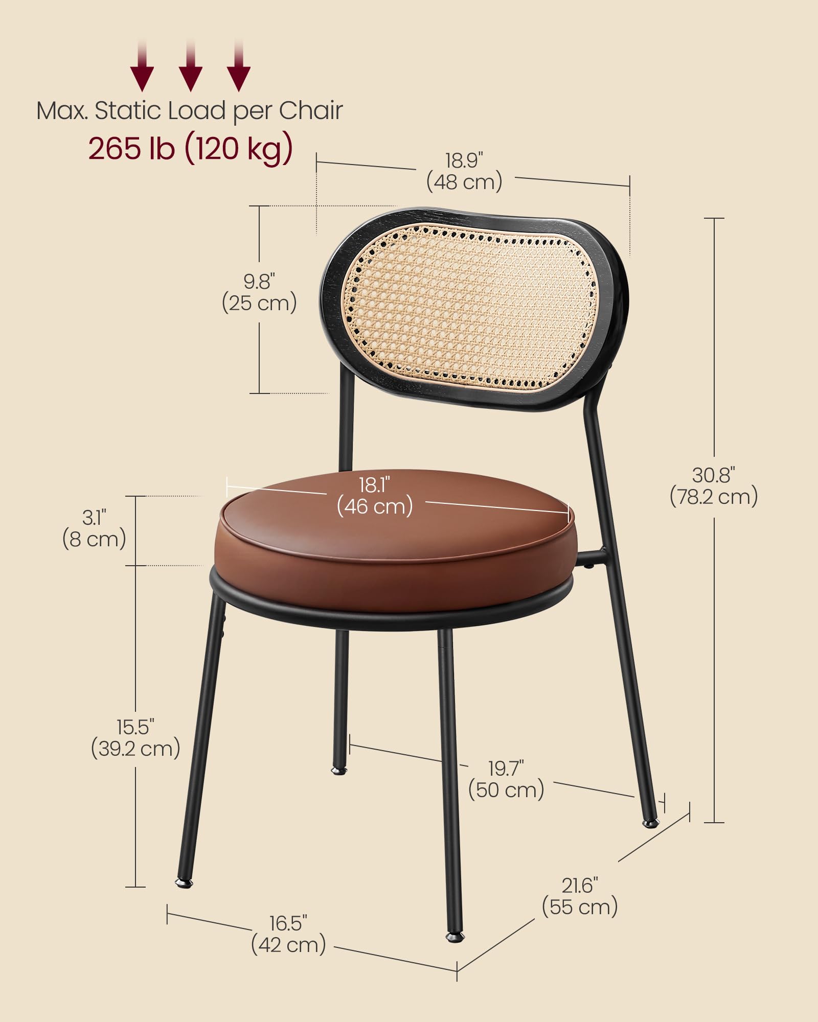 VASAGLE 4-Piece Boho Dining Chair Set with PE Rattan Back & Synthetic Leather Upholstery - Mid-Century Modern Kitchen & Living Room Accent Chairs in Coffee Brown | Perfect for Dining Rooms, Breakfast Nooks & Home Decor ULDC160K24