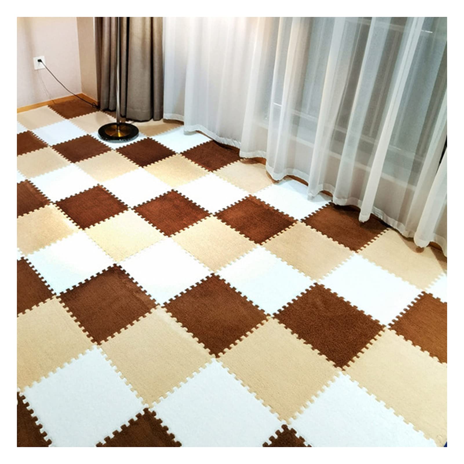 36 Pcs Soft Plush Puzzle Foam Floor Mat - 12x12 Inch Interlocking Carpet Tiles with Border, Non-Slip Baby Crawling Mat, Shaggy Area Rug for Nursery, Playroom & Living Room (White, Apricot, Coffee)