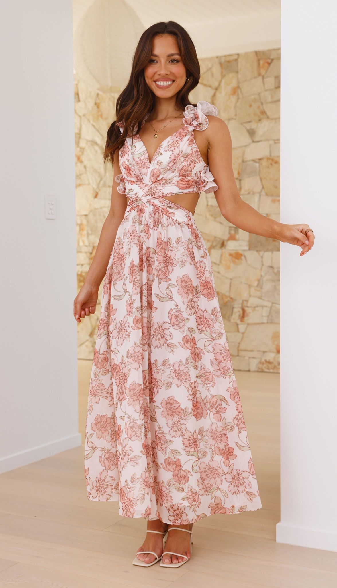 Galilhai Maxi Dress - Flowy Peach Floral Print Summer Dress for Women | Beach Wedding, Vacation & Casual Outfit