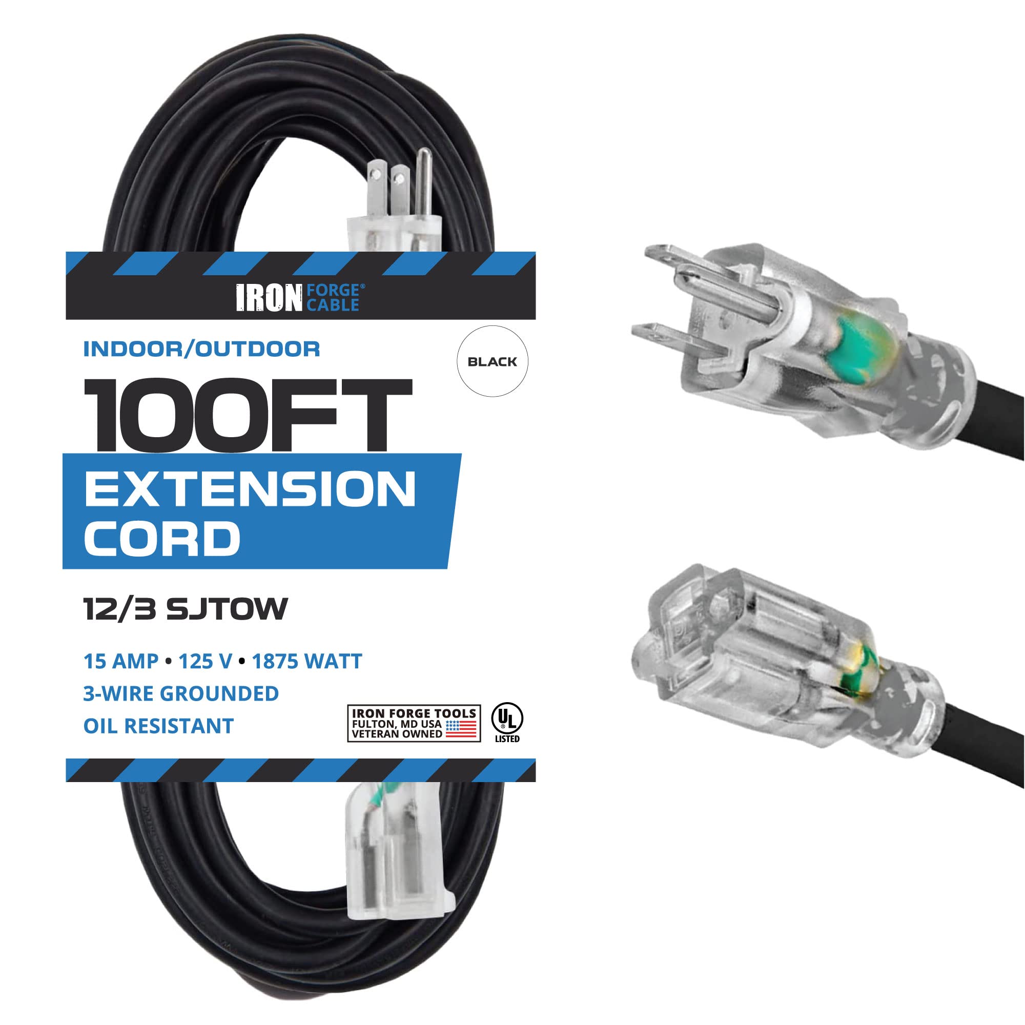 100 ft Heavy Duty 12 Gauge Outdoor Extension Cord - SJTOW Oil Resistant 3 Prong Power Cable, 15 Amp 12/3 Black Industrial Electrical Wire for Farm, Ranch, Workshop & Home Appliances | Weatherproof for Outdoor Use, Construction Sites & Power Tools