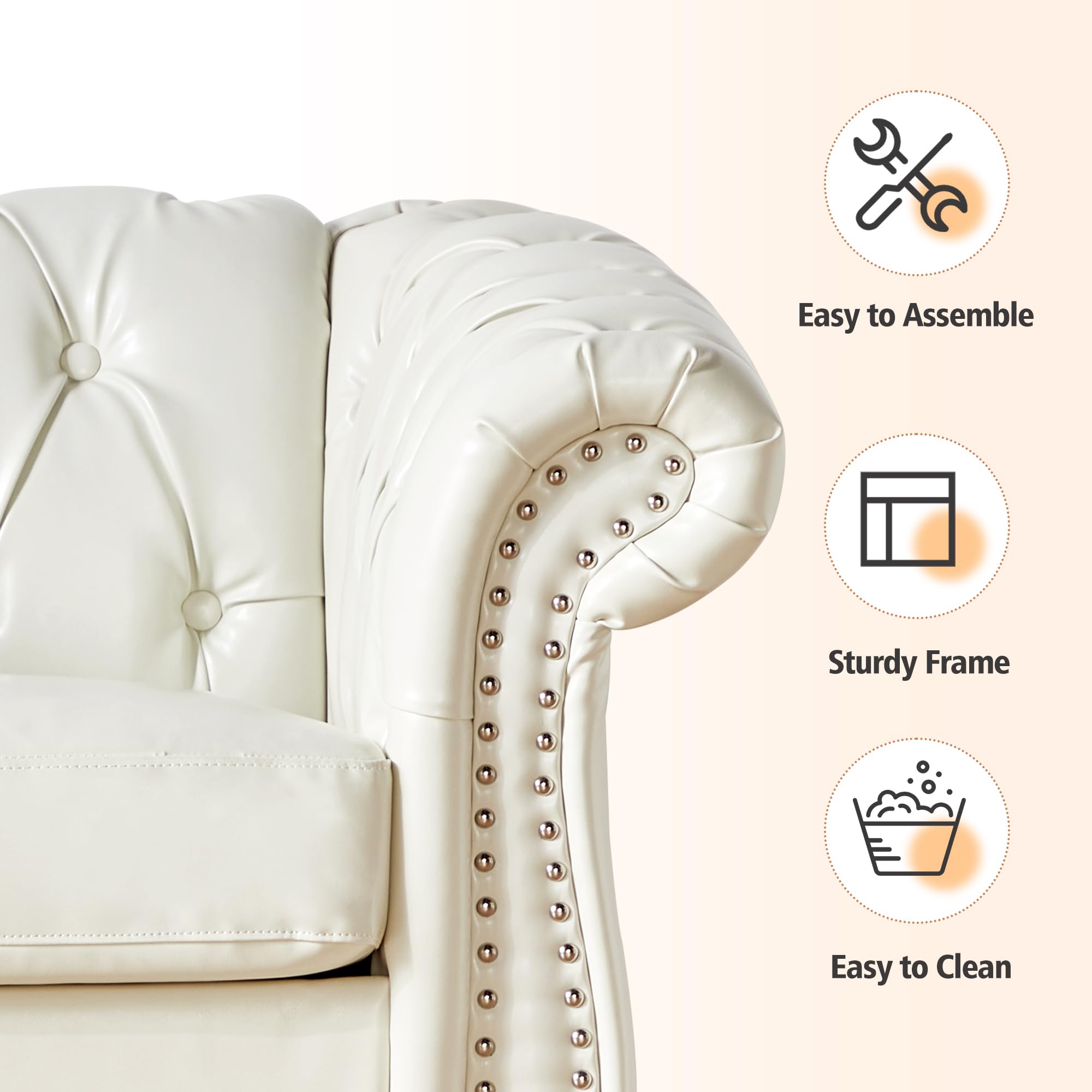 3-Piece Chesterfield Faux Leather Living Room Set - Sofa, Loveseat & Chair with Scroll Arms & Nailhead Trim - Elegant White Furniture for Home, Office & Lounge (Perfect for Small Spaces & Modern Decor)