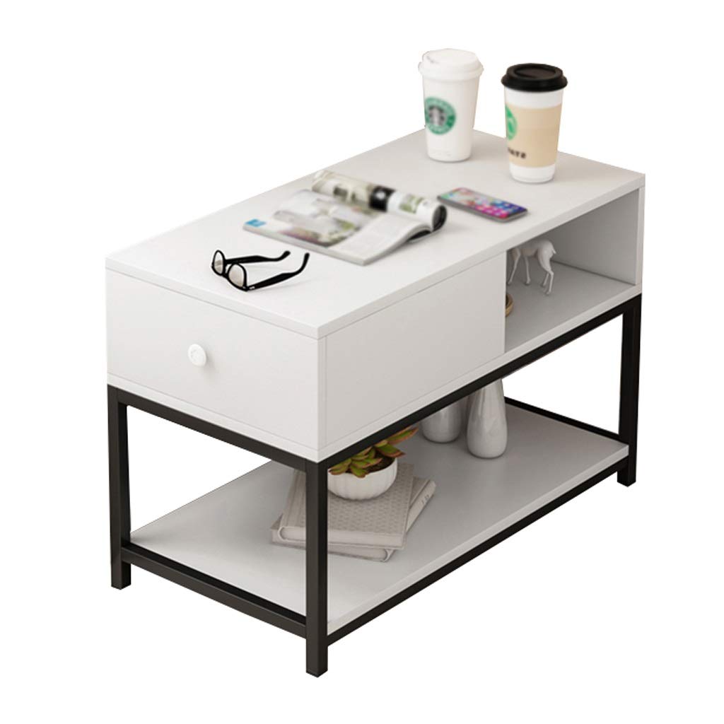 2-Tier Metal Coffee Table with Drawer - White Open Type Side Table for Living Room, Balcony, Small Apartment (90x40x56cm) - Perfect for Sofa, Bedside & Home Decor