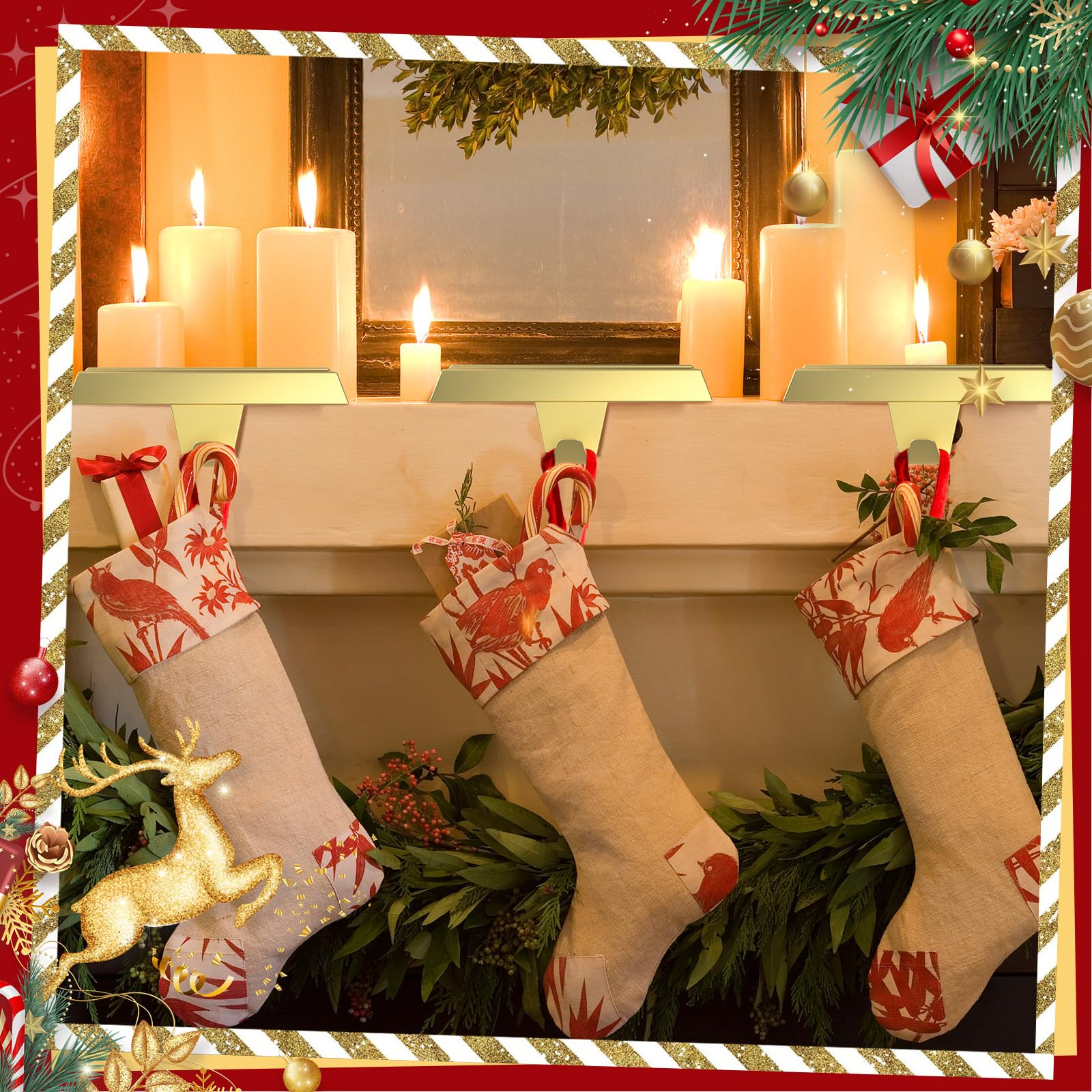 4 Pack Christmas Stocking Holder Bases - Heavy Duty Mantel Hooks for Fireplace, Weighted Stocking Hangers for Holiday Decorations (Gold, Black) - Perfect for Xmas Tree, Fireplace Mantel & Festive Home Decor