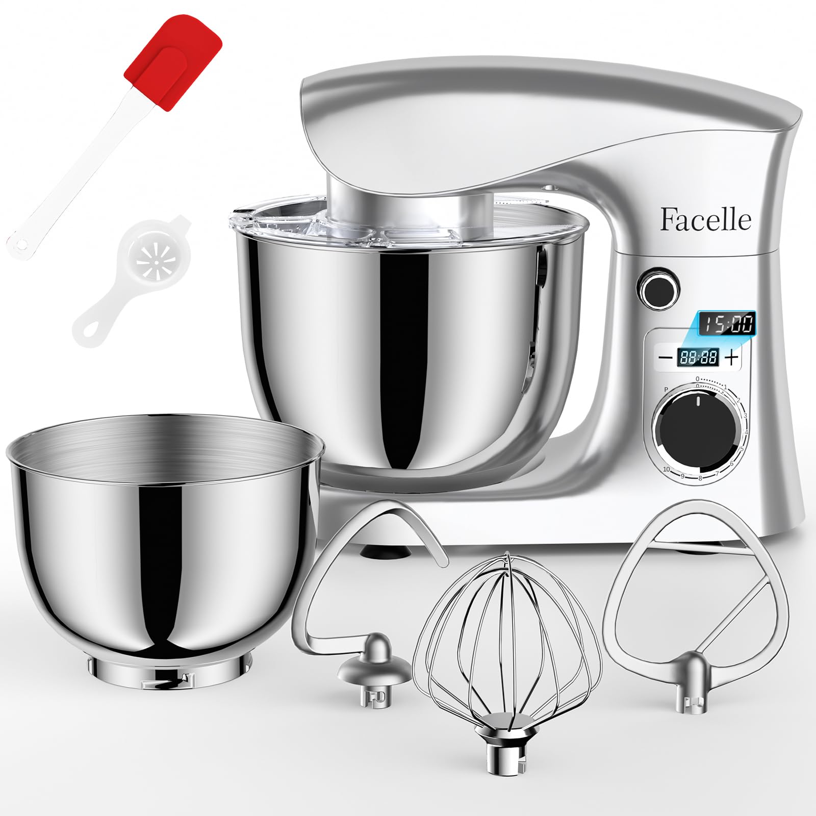 **Facelle 1500W Food Processor & Dough Kneading Machine - 5.5L & 4.5L Capacity - Low Noise Stand Mixer with Mixing Hook, Dough Hook, Whisk & Splash Guard - Perfect for Baking Bread, Pizza Dough, Cakes & Cookies**