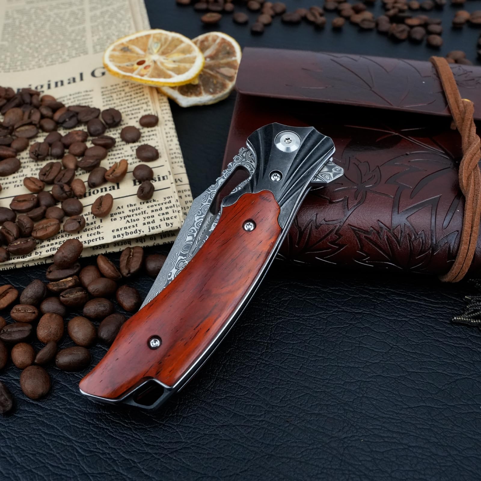 Premium Damascus Steel Folding Pocket Knife with Wood Handle & Sheath - 3.15