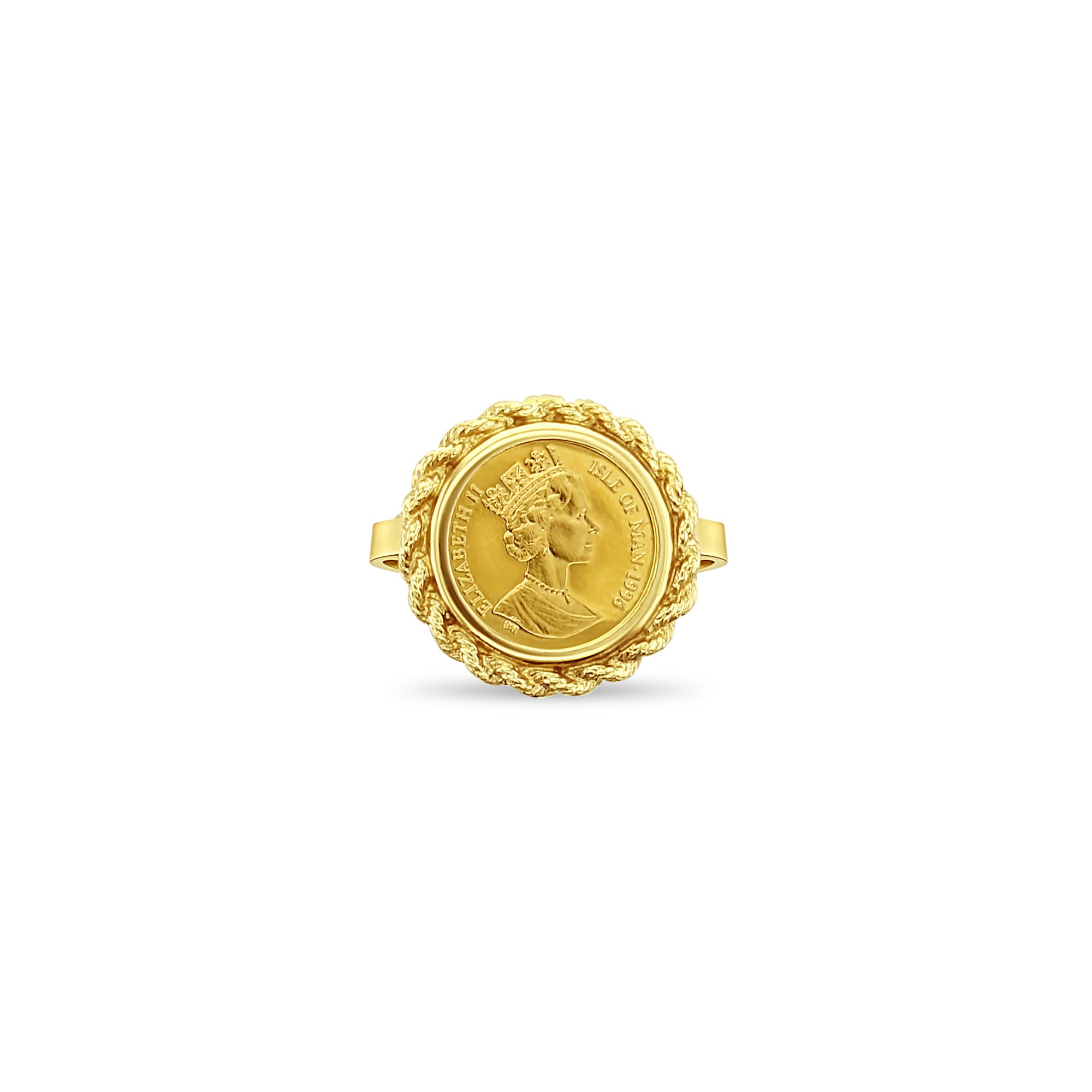 Elizabeth II Isle of Man 14k Yellow Gold Rope Coin Ring - Vintage British Royal Jewelry for Women, Perfect Gift for Anniversary & Special Occasions