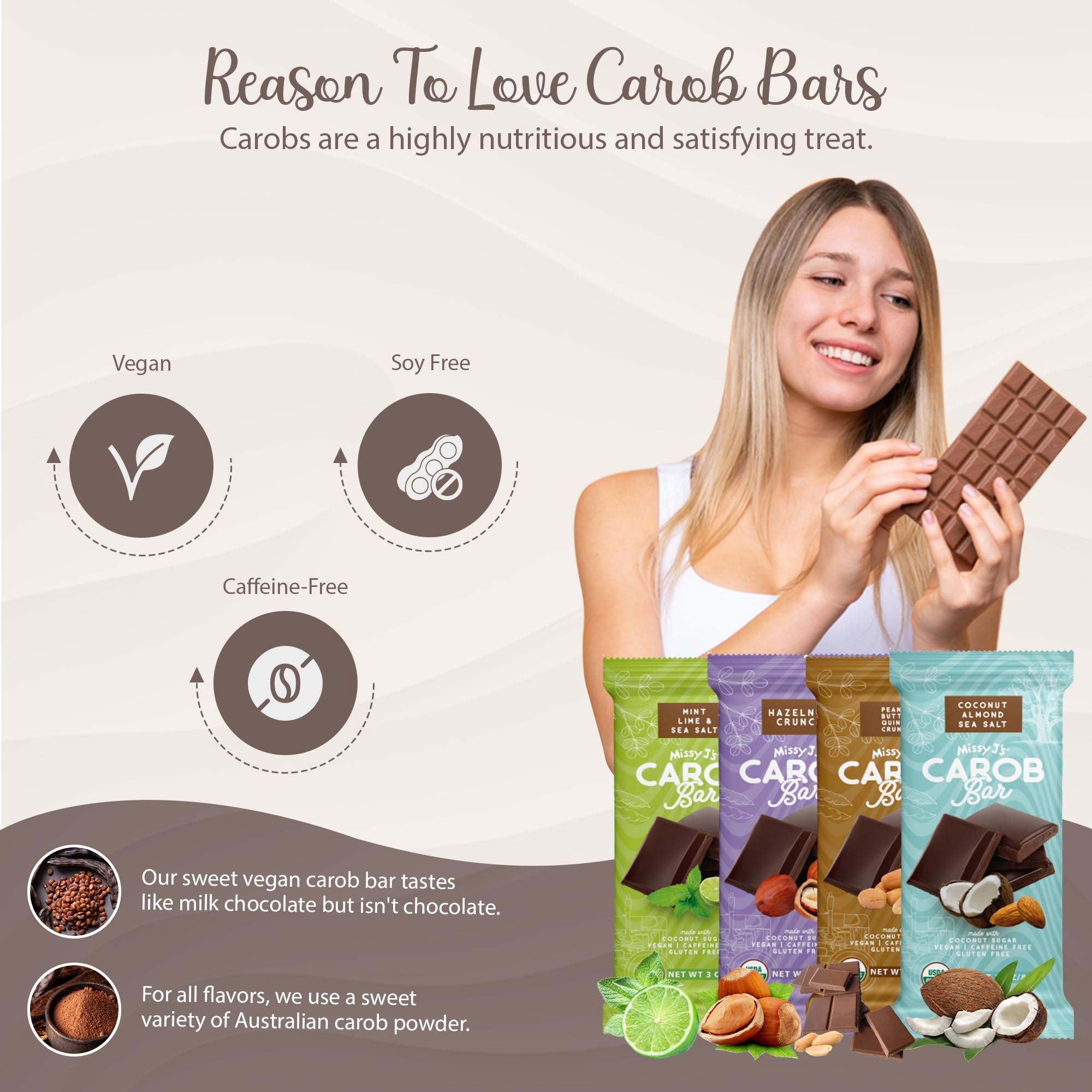Organic Carob Bars 4-Pack - Vegan, Gluten-Free, Healthy Chocolate Substitute for Snacks & Desserts