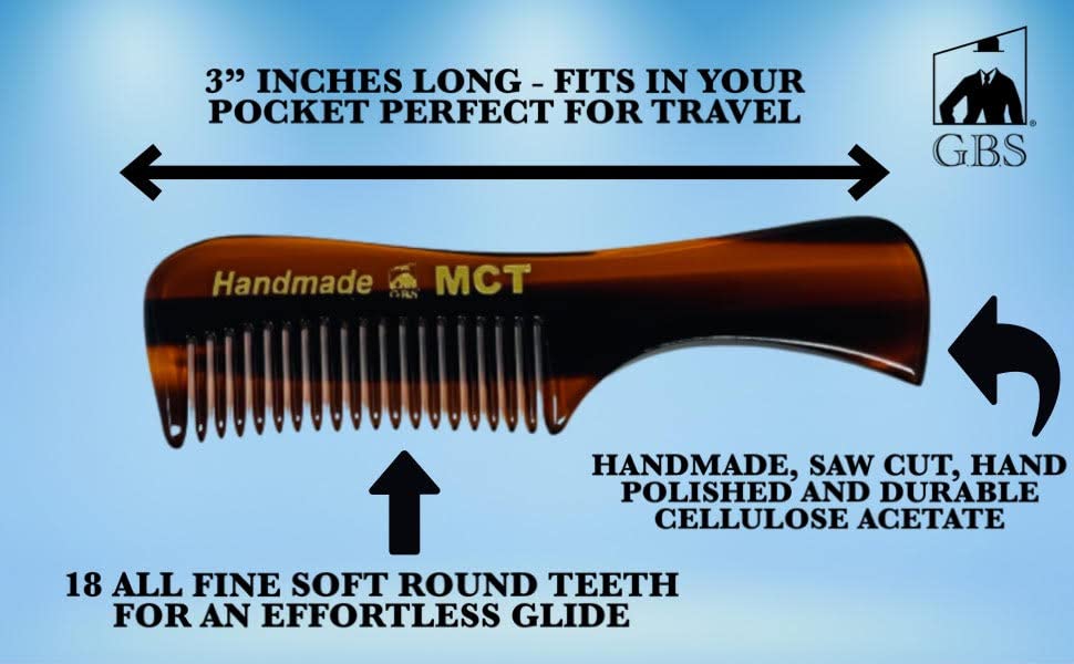 G.B.S Handmade Unbreakable Fine-Toothed Comb Set for Men & Women - 3 Pack Mustache, Eyebrow & Beard Combs - Portable Pocket Size for Travel, Gym & Daily Grooming - Tortoise MCT DCT PCT Combs for Hair Styling Anywhere