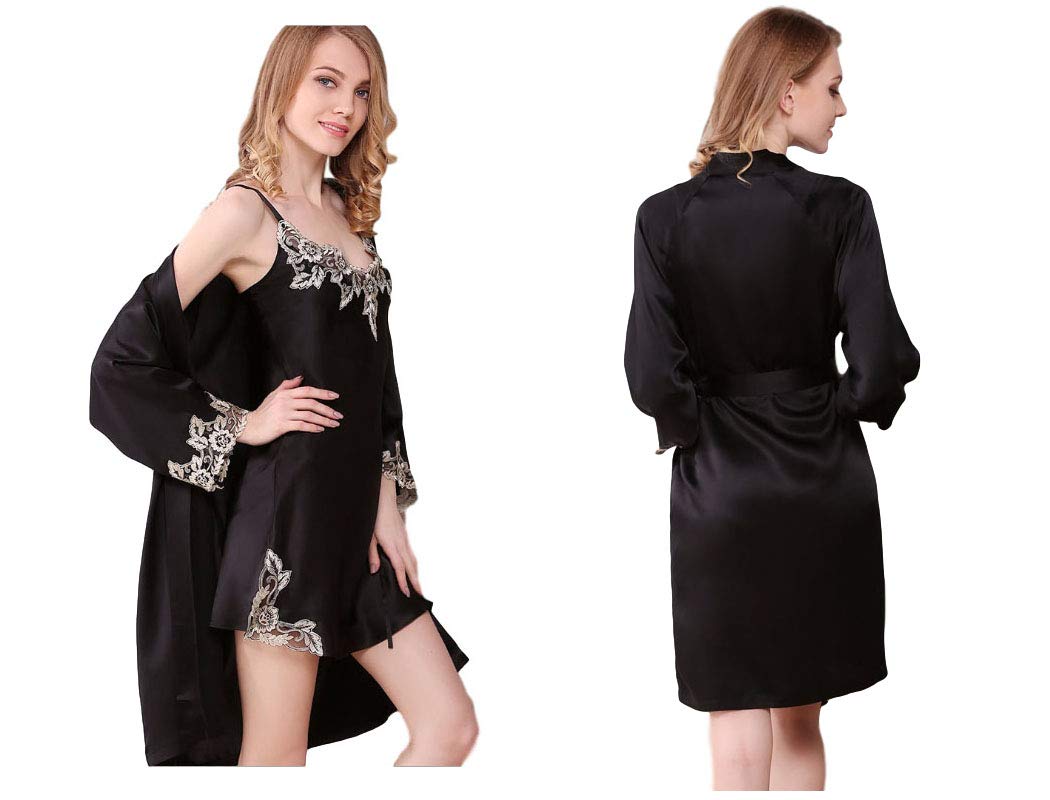 Luxury Women's Silk Pajama Set - 100% Pure Silk Robe & Lace Skirt Sleepwear (3 Colors) for Comfortable Sleep, Bridal Nightwear & Spa Relaxation