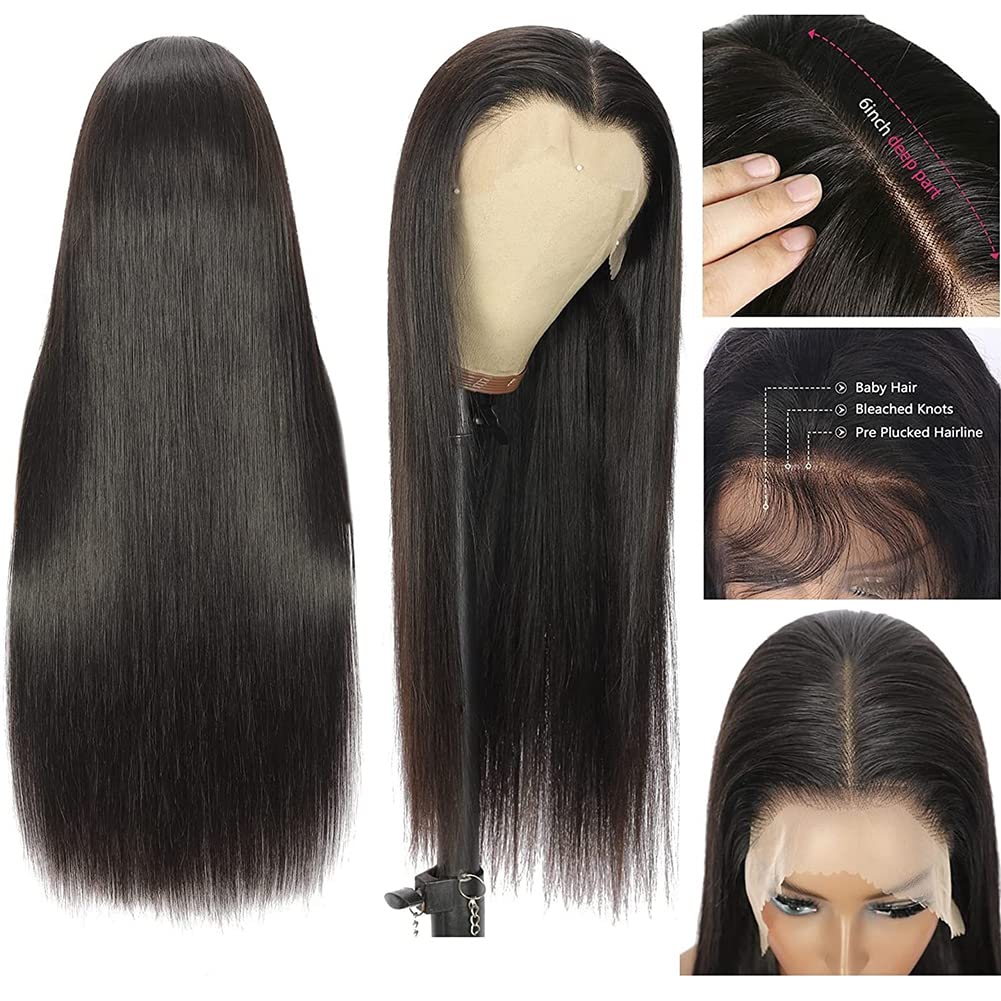 13x6 Lace Front Human Hair Wigs - 180 Density Straight HD Transparent Lace Wig for Women | Pre-Plucked with Baby Hair | Natural Black Color (26 Inch) | Perfect for Daily Wear, Cosplay, and Special Occasions