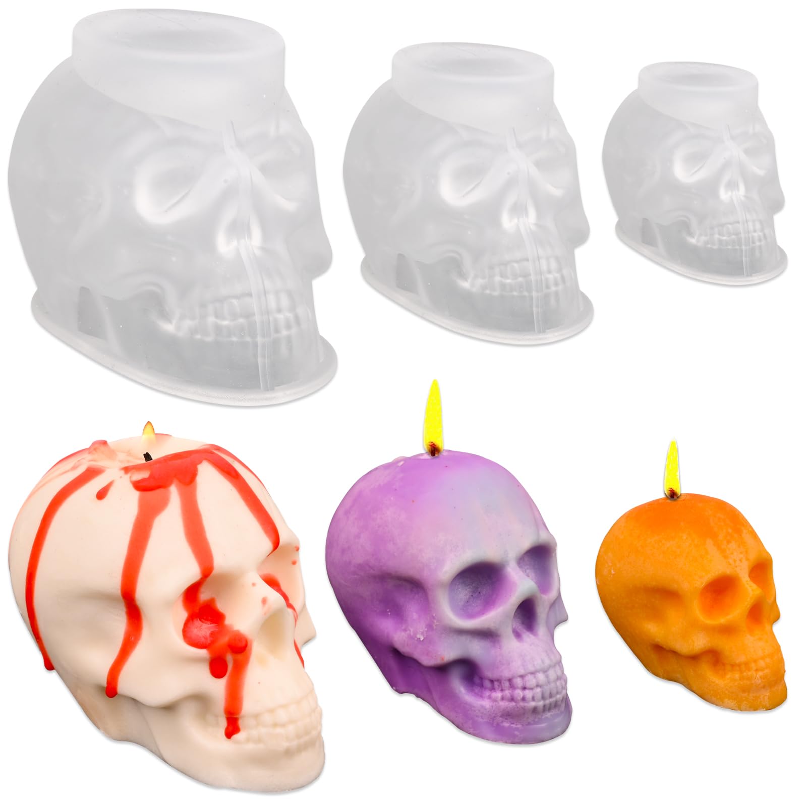 HUAKENER 3 Pack Skull Candle Molds - 3D Halloween Silicone Molds for DIY Epoxy Resin, Candles & Handmade Soap - Perfect for Halloween Decor, Party Supplies & Gothic Home Decorations