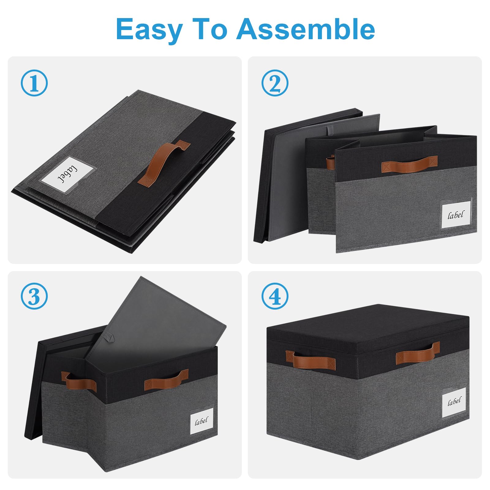 Extra Large Foldable Fabric Storage Bins with Lids - 32L Sturdy Closet Organizer Baskets with 3 PU Handles & Labels for Home, Bedroom, Office (Grey & Black) - Perfect for Seasonal Clothes, Toys, Blankets & Home Organization