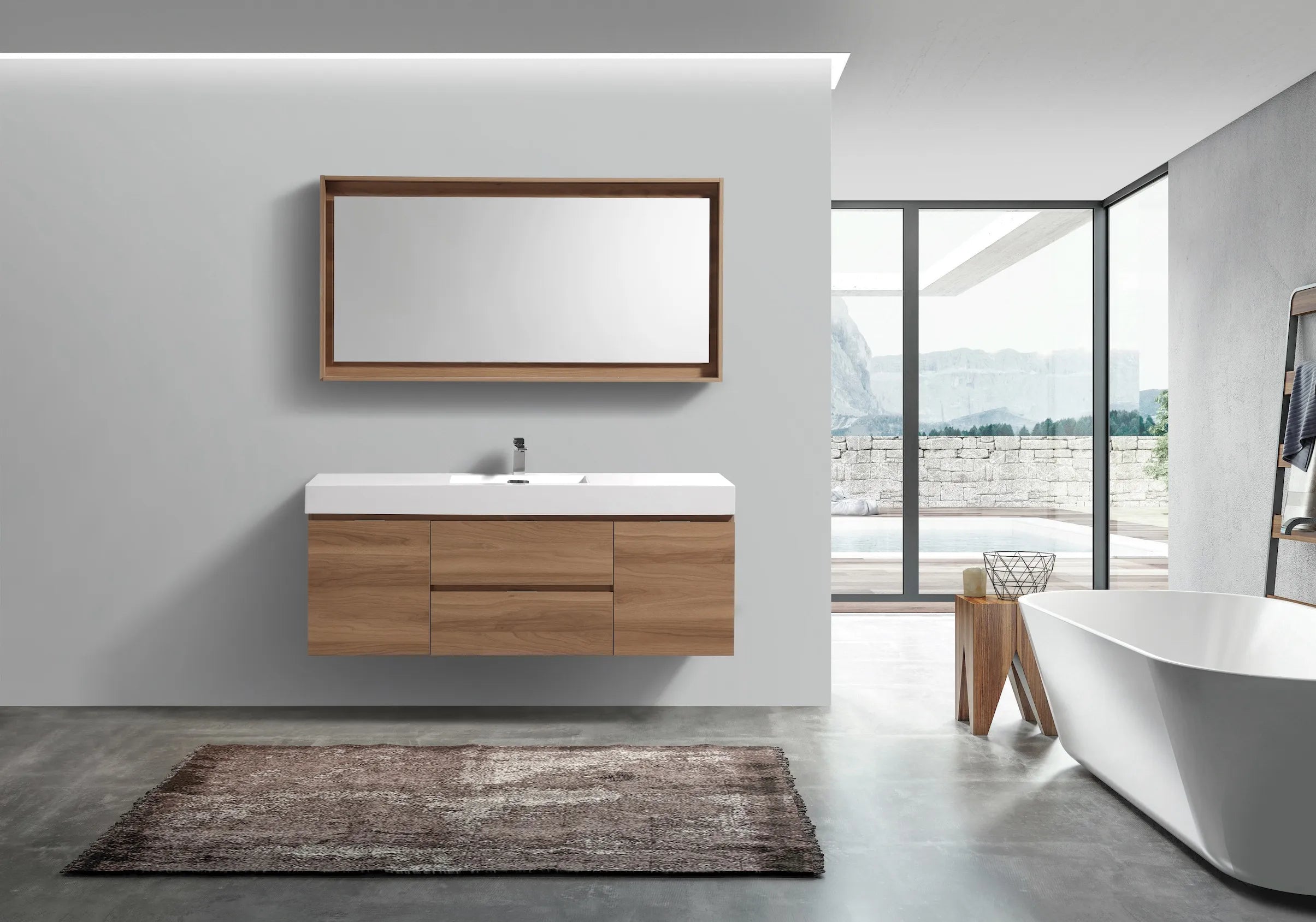 BSL60 Honey Oak Double Sink Wall Mount Bathroom Vanity - Modern Space-Saving Storage Solution for Small Bathrooms & Powder Rooms