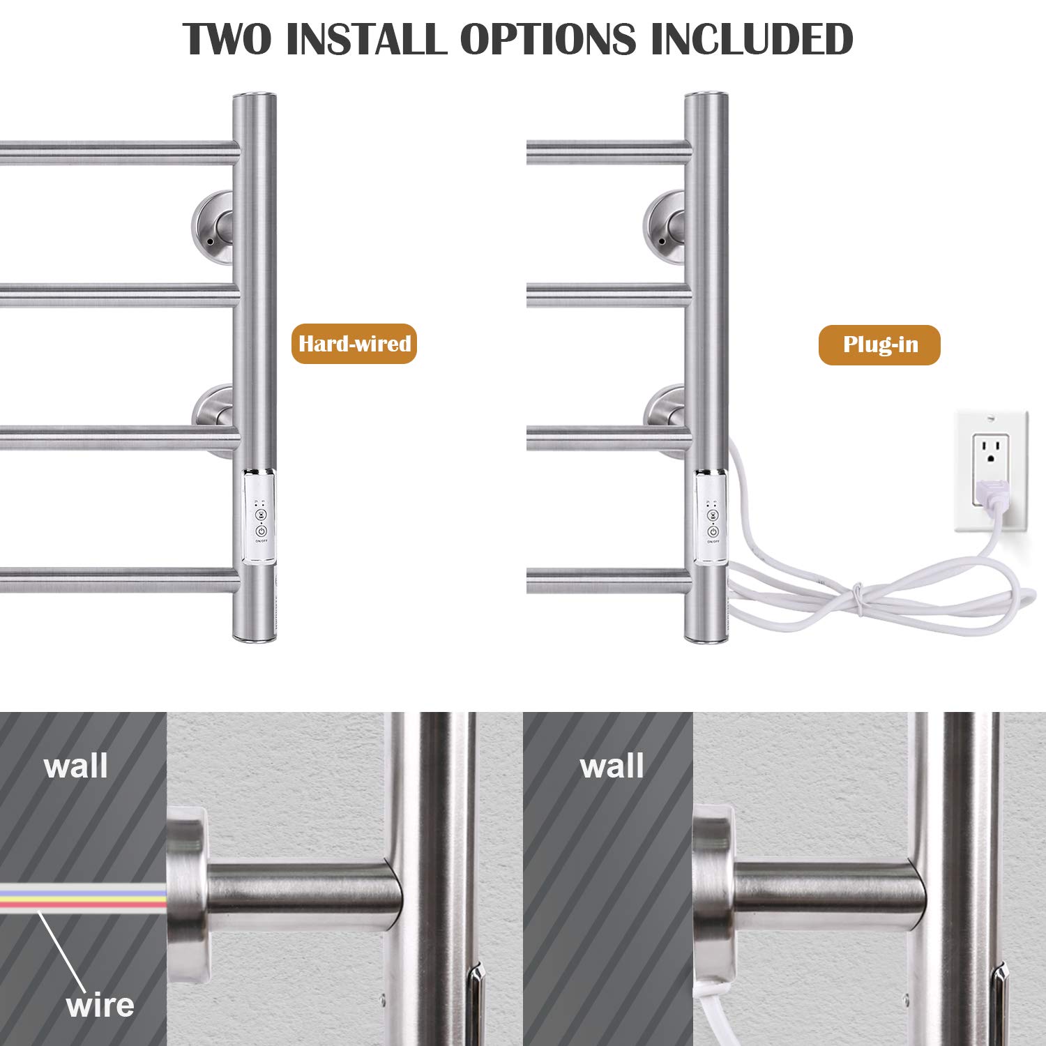 JSLOVE Wall Mounted Heated Towel Rack - Stainless Steel Towel Warmer with Built-in Timer, Plug-in/Hardwired (Silver, 4 Bars) - Perfect for Bathroom, Spa, Gym & Luxury Home Use