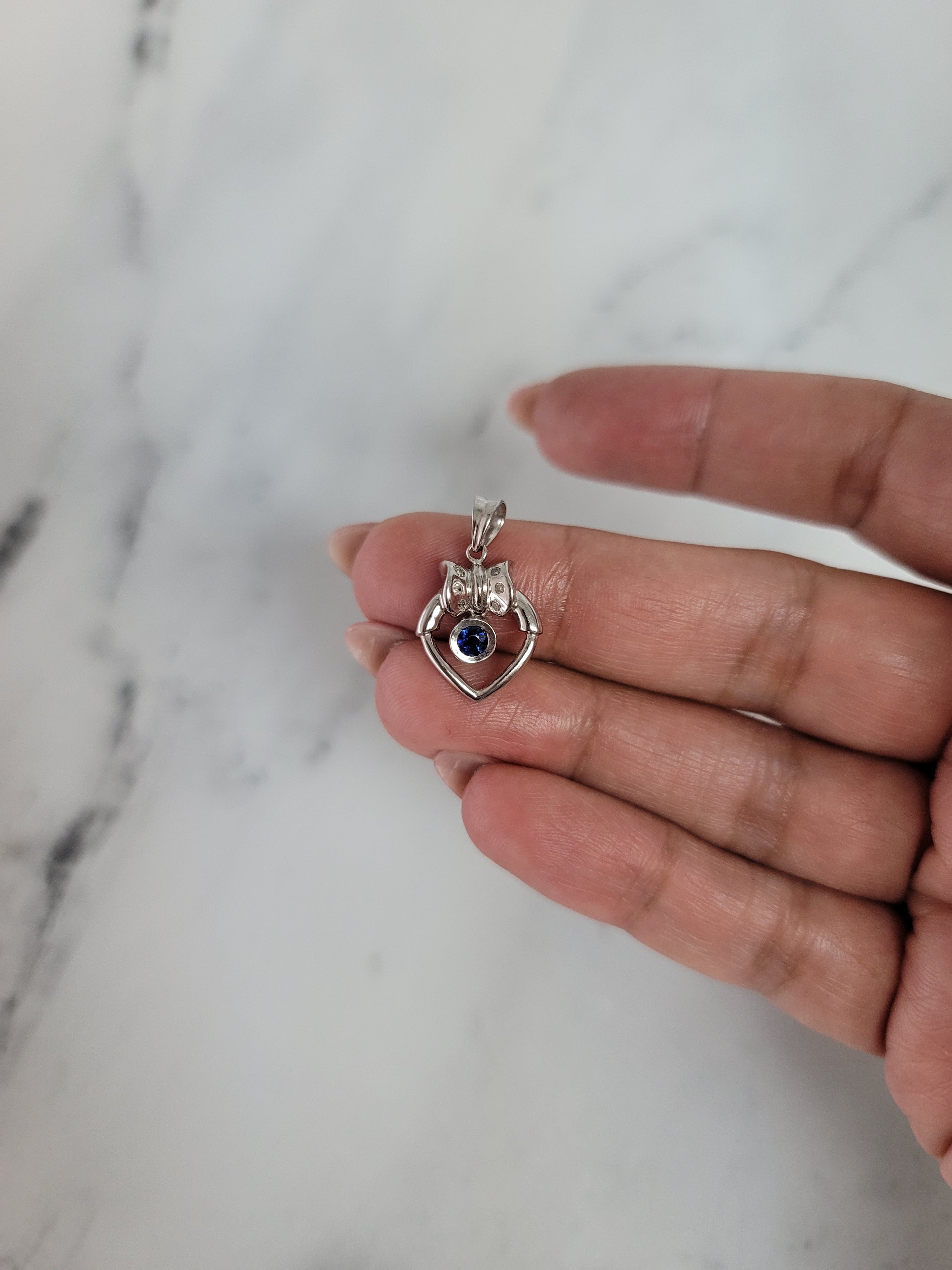 14K White Gold Heart Shaped Necklace with Genuine Sapphire Center & Elegant Bow Accent - Perfect for Valentine's Day Gifts, Anniversary Presents & Romantic Occasions