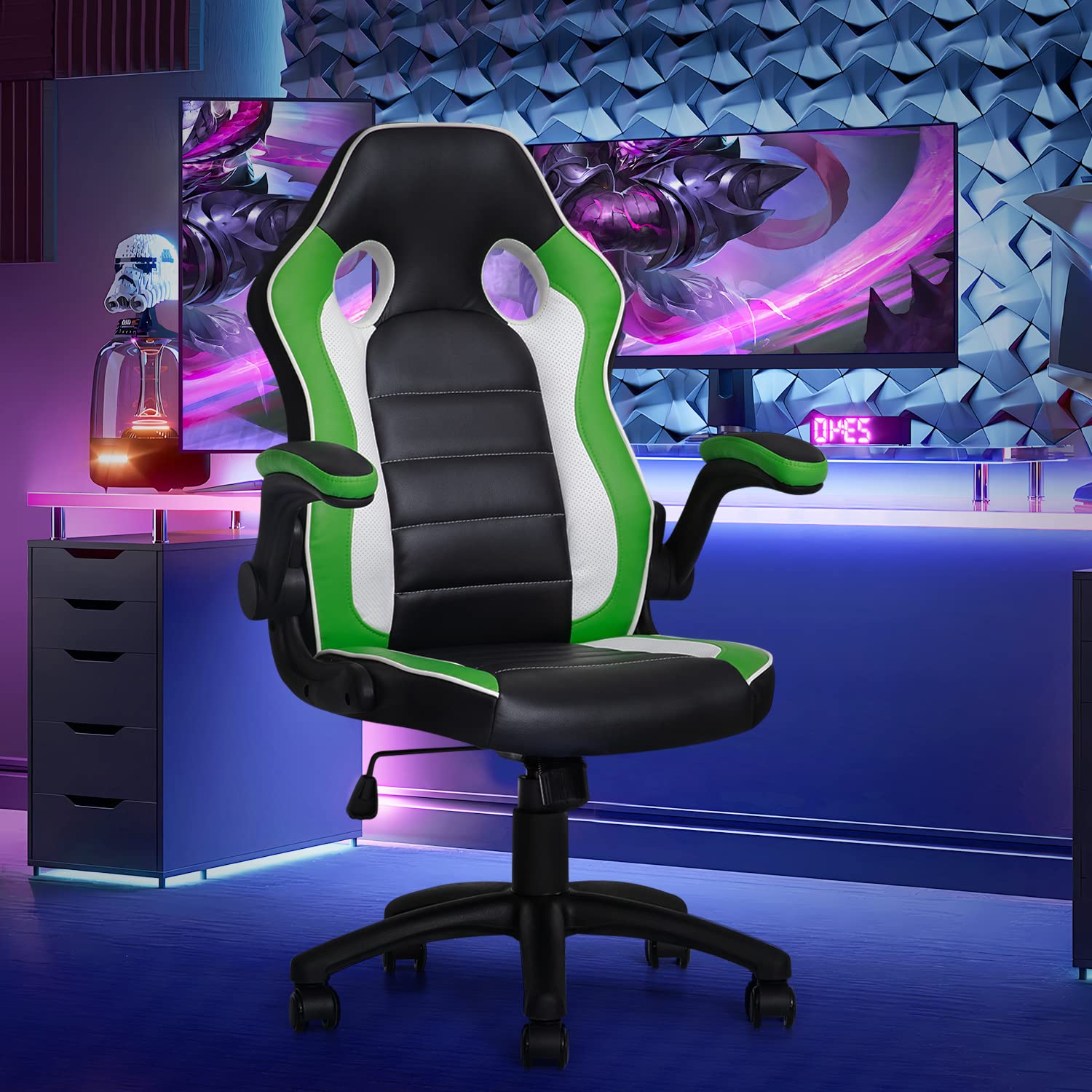 MoNiBloom Ergonomic Gaming Chair - Adjustable Swivel Computer Chair with Padded Flip-up Arms & Wheels for Teens & Adults - Green Video Game Chair for PC Gaming, Office Work & Home Use