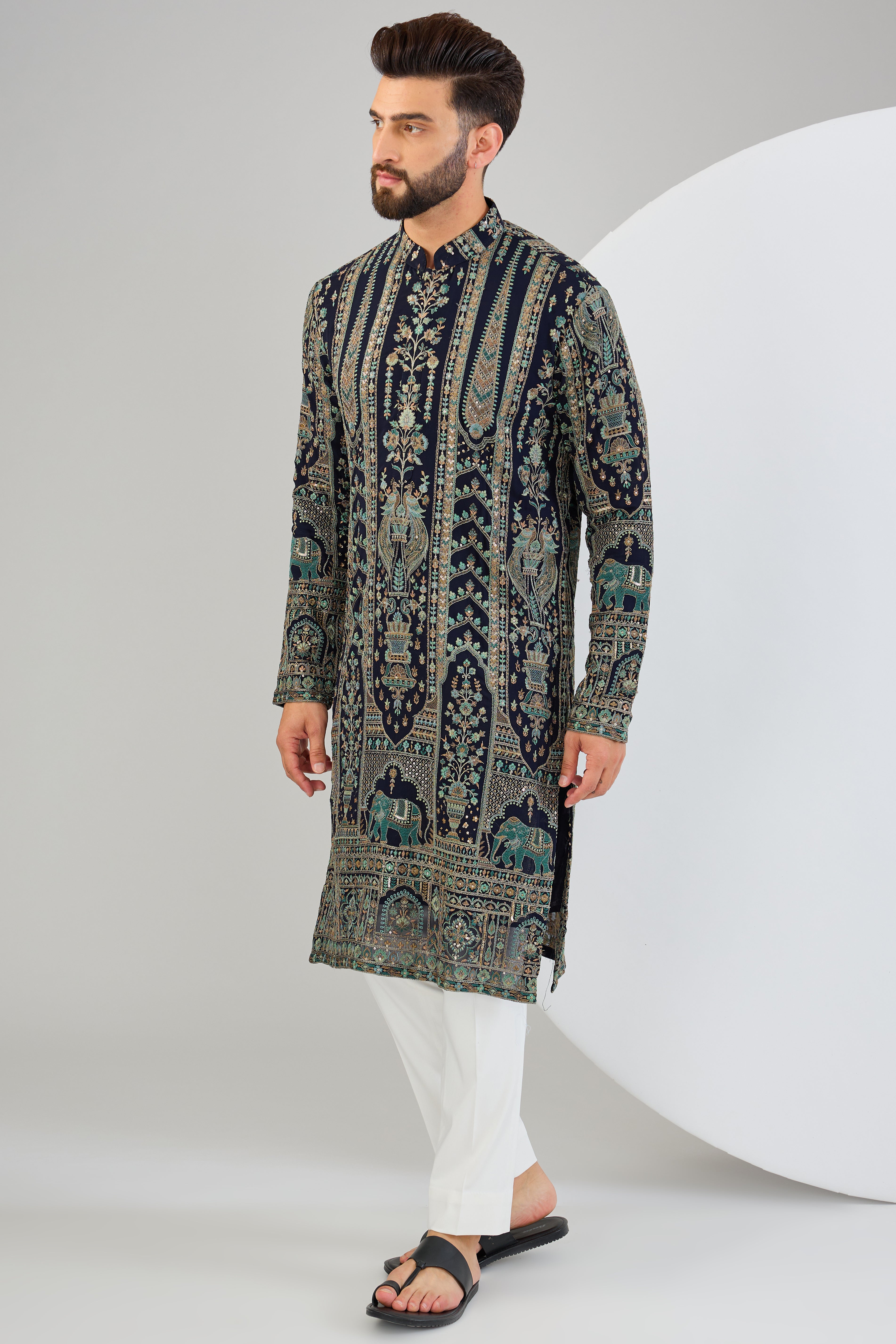 Elegant Navy Blue Chikankari Kurta with Intricate Floral & Fauna Embroidery - Perfect for Festivals, Weddings & Ethnic Occasions