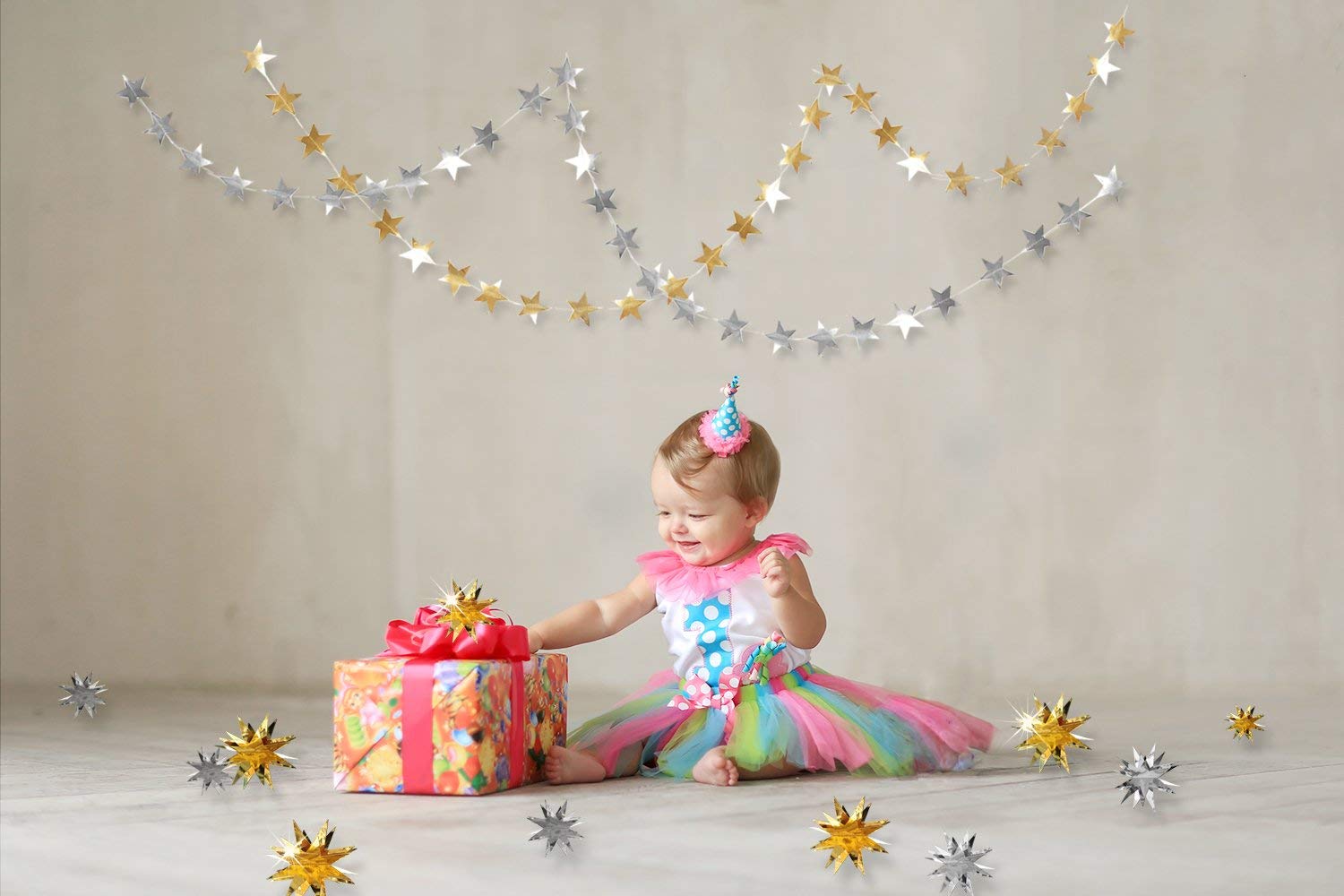 Pinkblume Silver Star Garland Party Decorations Kit - 3D Metallic Bunting Banner for Christmas, Holiday, Birthday, Wedding & Baby Shower - Hanging Decor for Nursery, Home & Office (4 Pack) - Perfect for Festive Celebrations, Room Decor & Photo Backdrops