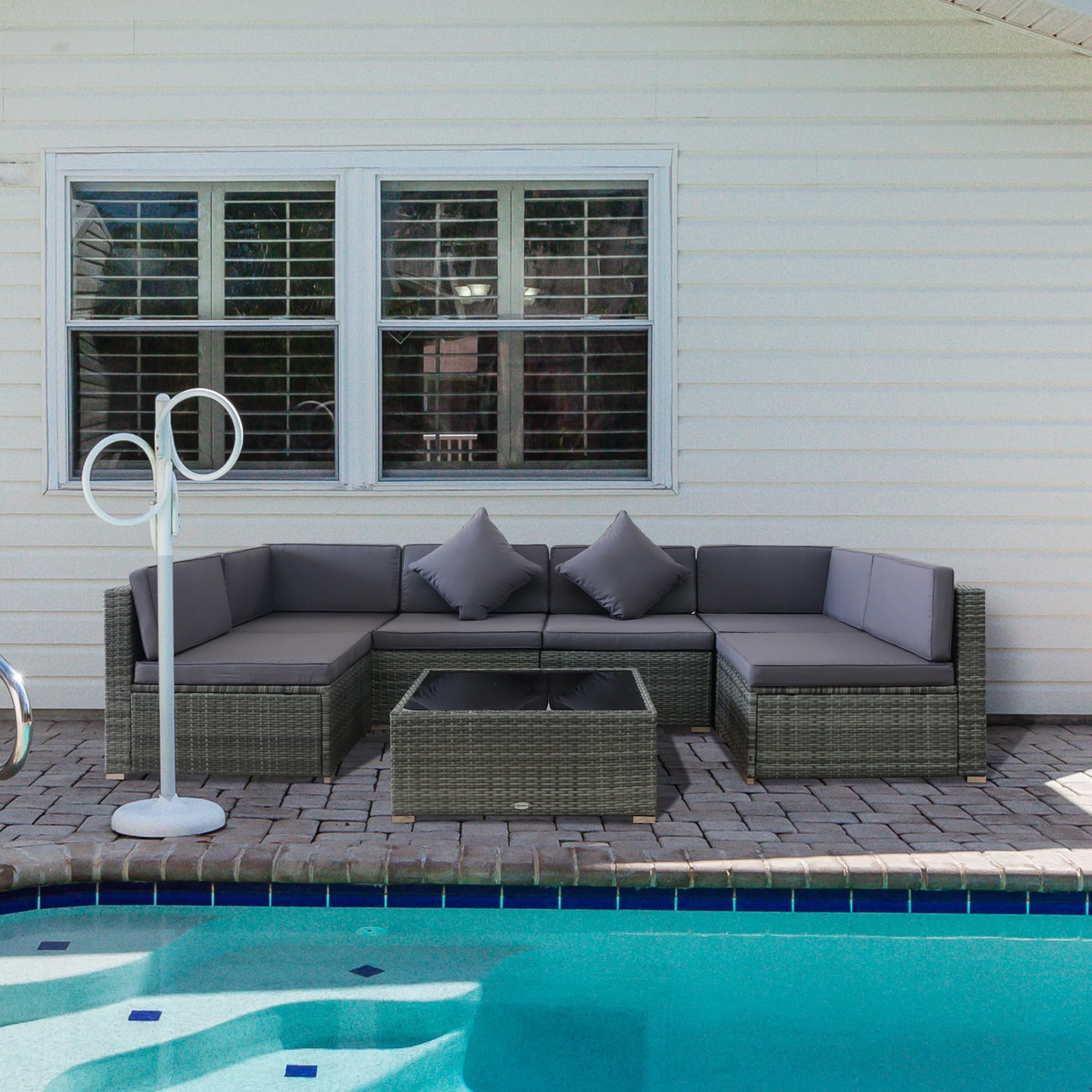 Outsunny 7-Piece All-Weather PE Rattan Patio Furniture Set - Outdoor Wicker Sectional Sofa with Cushions & Tempered Glass Tabletop, Grey - Perfect for Backyard, Garden, Poolside & Patio Relaxation
