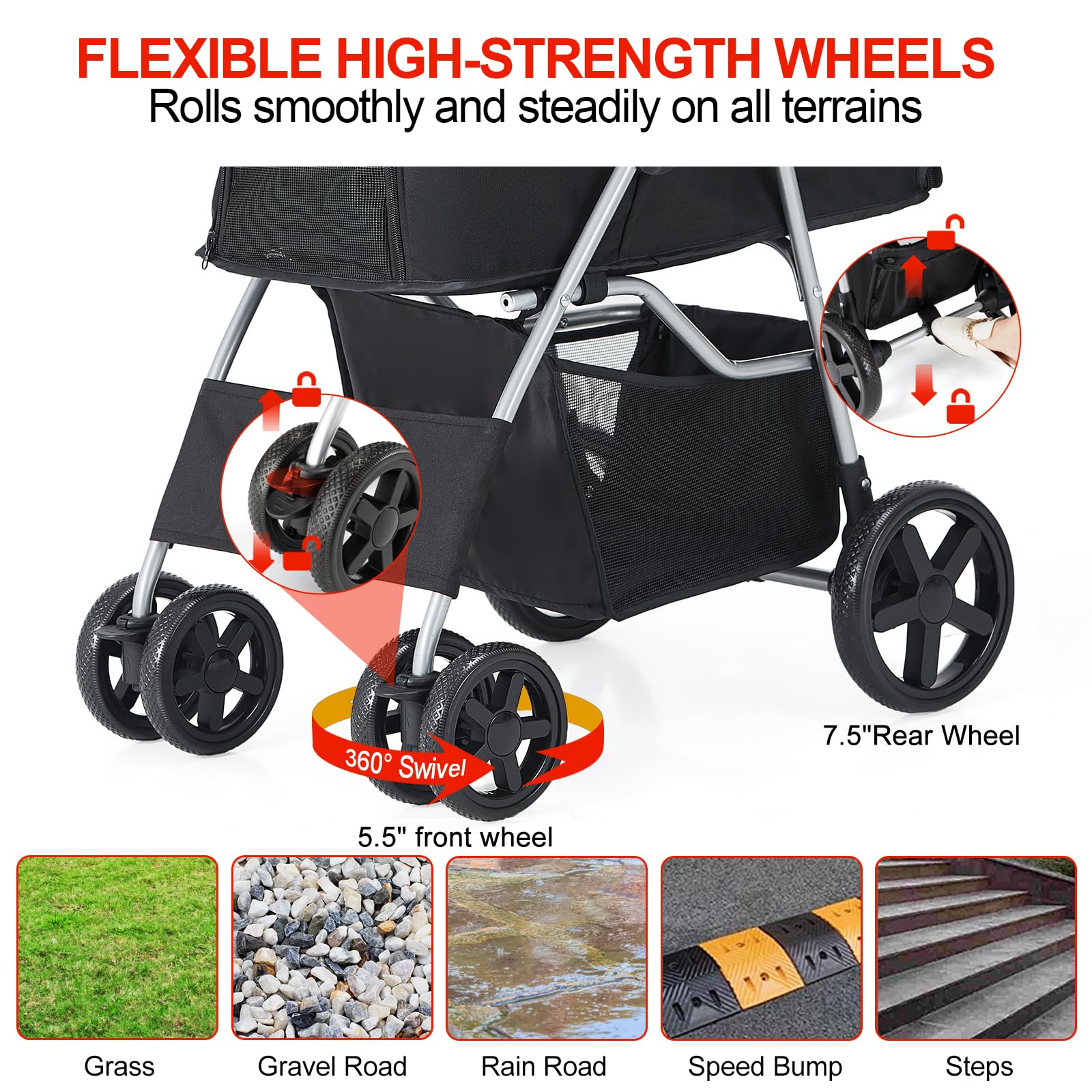 Premium Folding Pet Stroller for Small & Medium Dogs & Cats - 4-Wheel Jogger with Cup Holder & Storage Basket (Black) | Perfect for Outdoor Walks, Shopping Trips & Vet Visits