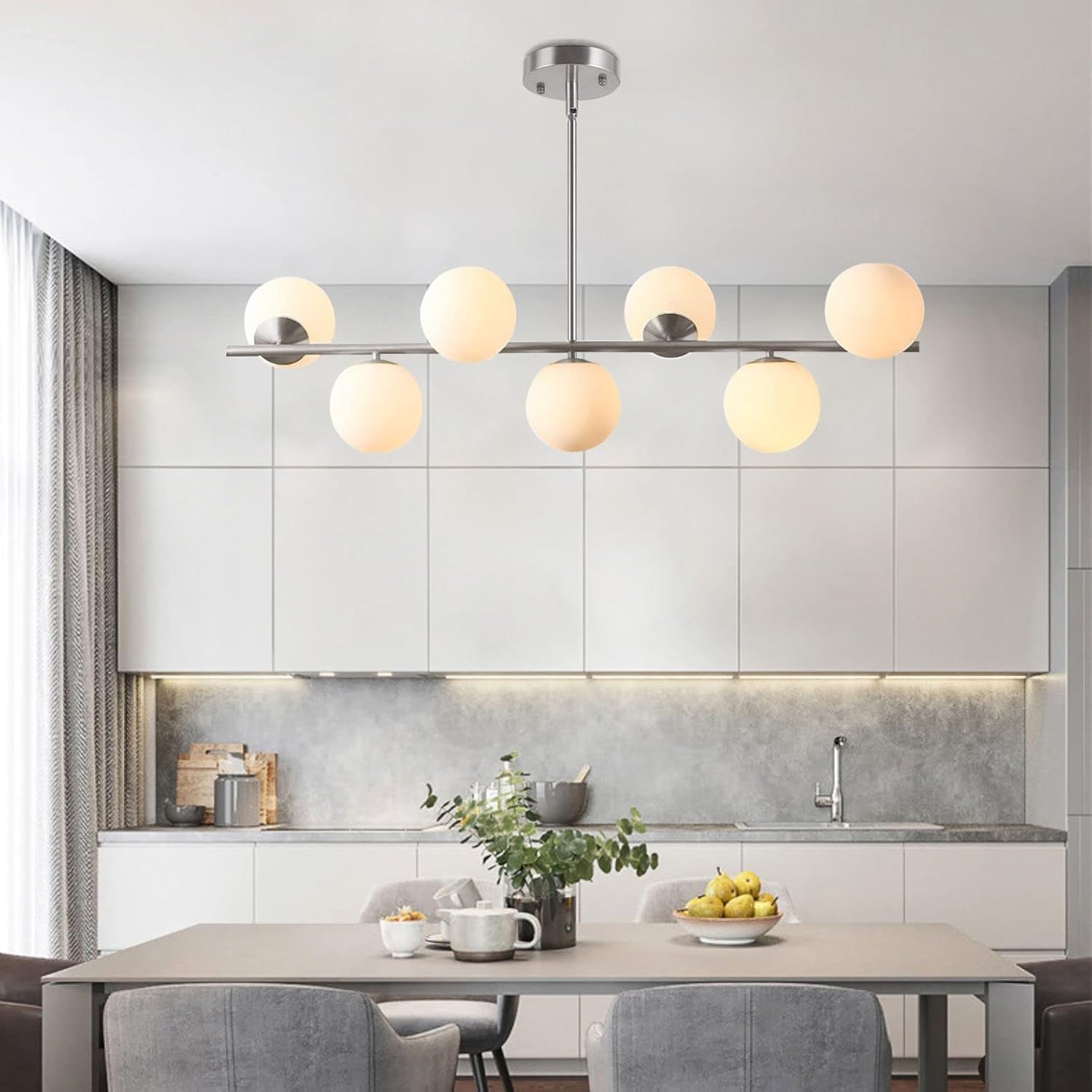 Modern Silver Sputnik Chandelier with Frosted White Glass Globes - Adjustable Pendant Ceiling Light for Dining Room, Living Room, Kitchen | Elegant Lighting Fixture for Home Decor & Interior Design