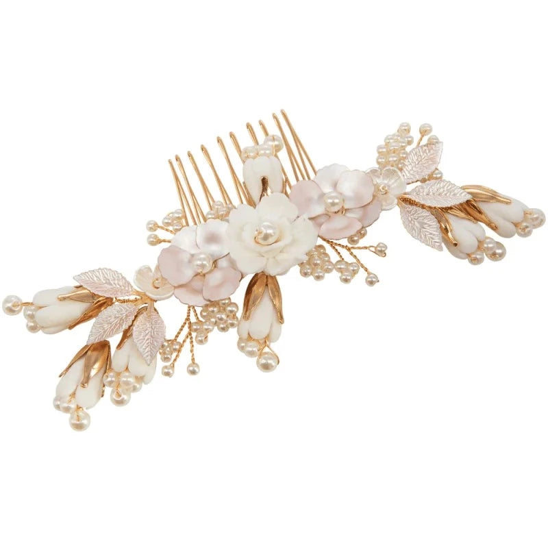 Hand-Painted Gold Bridal Hair Comb with Blush Pink Flowers - Elegant Wedding Accessory for Brides, Bridesmaids & Special Occasions