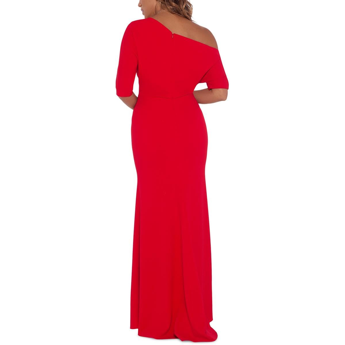 Betsy & Adam Women's Long One Sleeve Off Shoulder Scuba Crepe Sheath Gown - Elegant Formal Dress for Evening Parties, Prom, Cocktail Events & Special Occasions