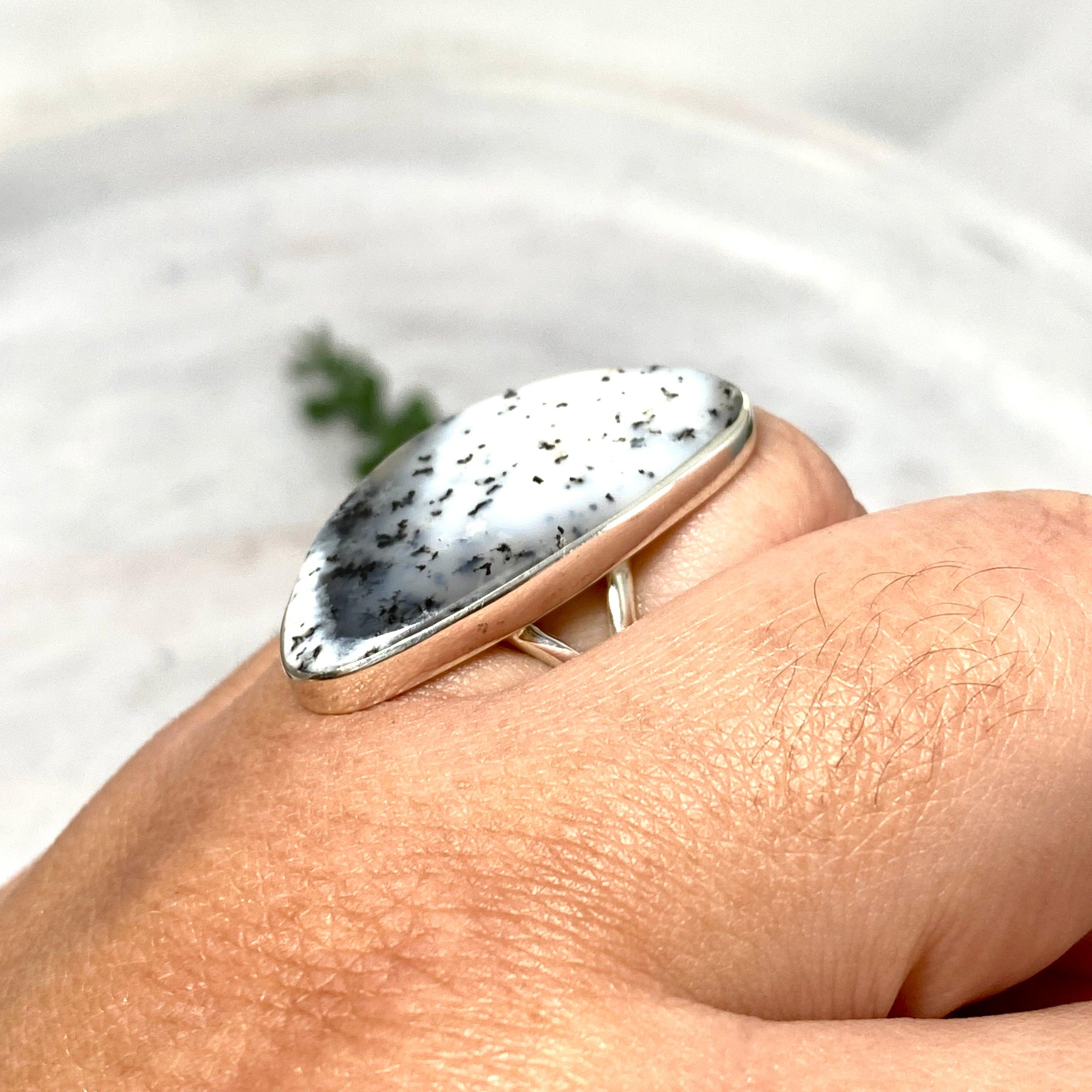 Dendritic Opal Freeform Ring Size 11 - Unique Handmade Silver Jewelry for Women, Perfect for Boho Style & Special Occasions