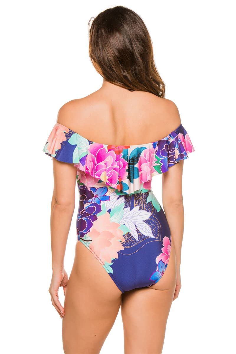 Trina Turk Women's Off-Shoulder Ruffle Bandeau One-Piece Swimsuit | Stylish Swimwear for Beach, Pool & Vacation | Flattering Summer Bathing Suit