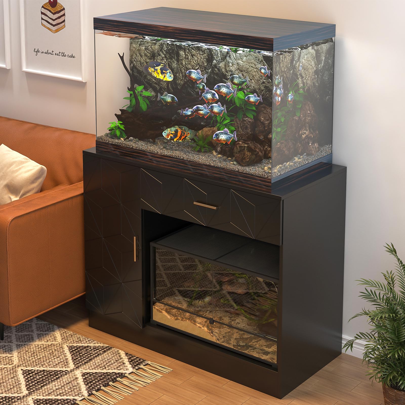 40 Gallon Fish Tank Stand - Heavy Duty Black Aquarium Stand for 29-50 Gallon Tanks with Drawer & Cabinet - Sturdy & Durable for Home, Office or Pet Store Use