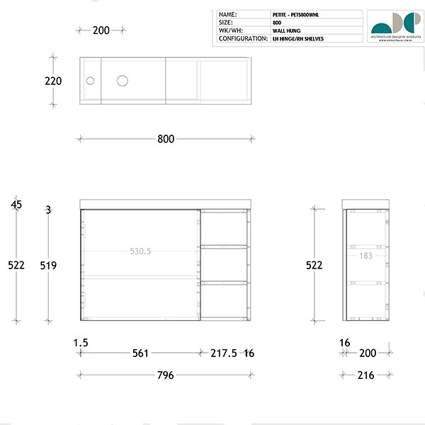 ADP Petite Shelf Wall Hung Vanity in Plantation Ash - Left Hand Basin | Modern Bathroom Storage Solution | Perfect for Small Spaces & Powder Rooms | CLEARANCE SALE
