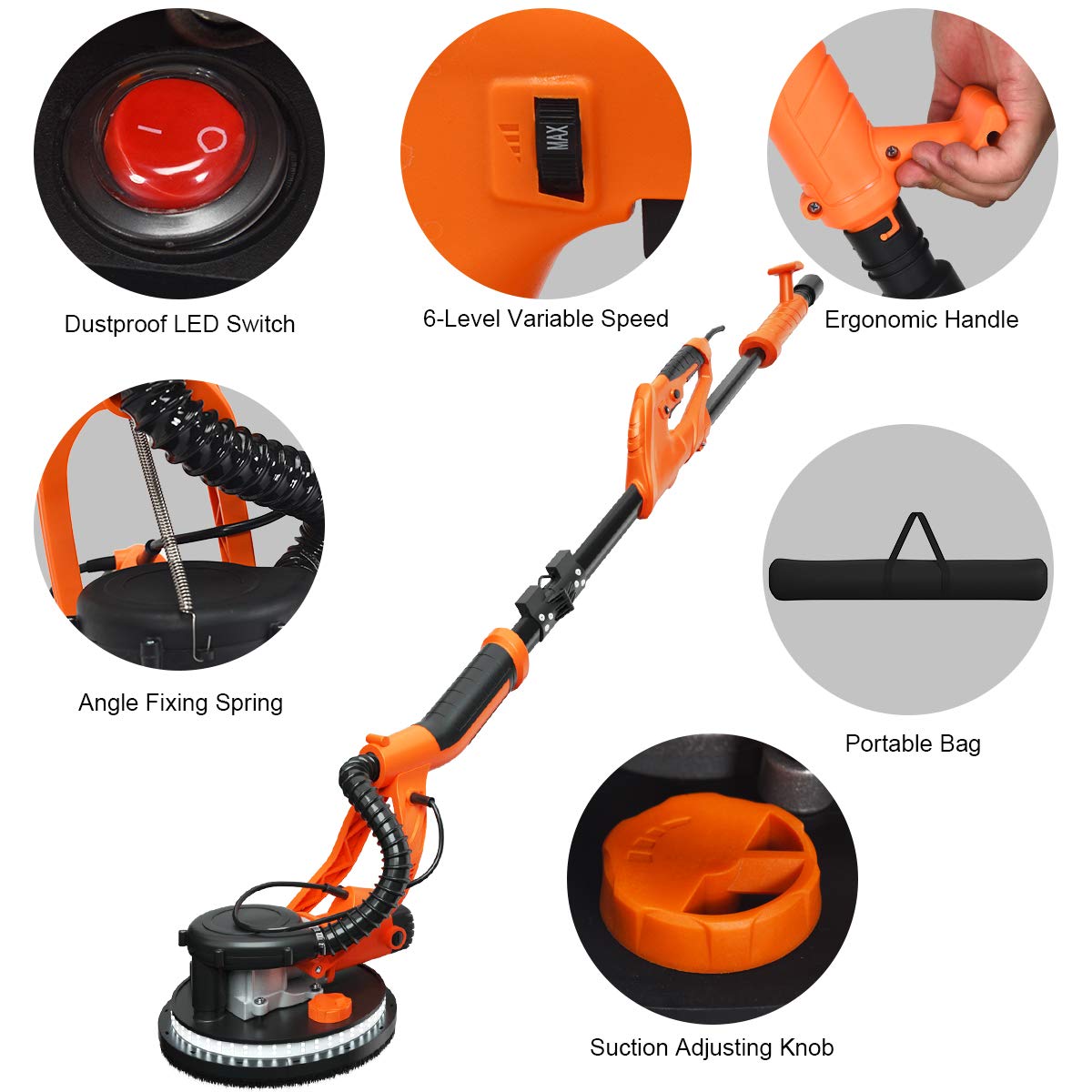 IRONMAX Electric Drywall Sander - 6-Speed Foldable Wall Sander with Vacuum Dust Collector, LED Light & Extendable Handle - Includes Dust Bag, Hose & 12 Sanding Discs - Perfect for Drywall Repair, Home Renovation & DIY Projects