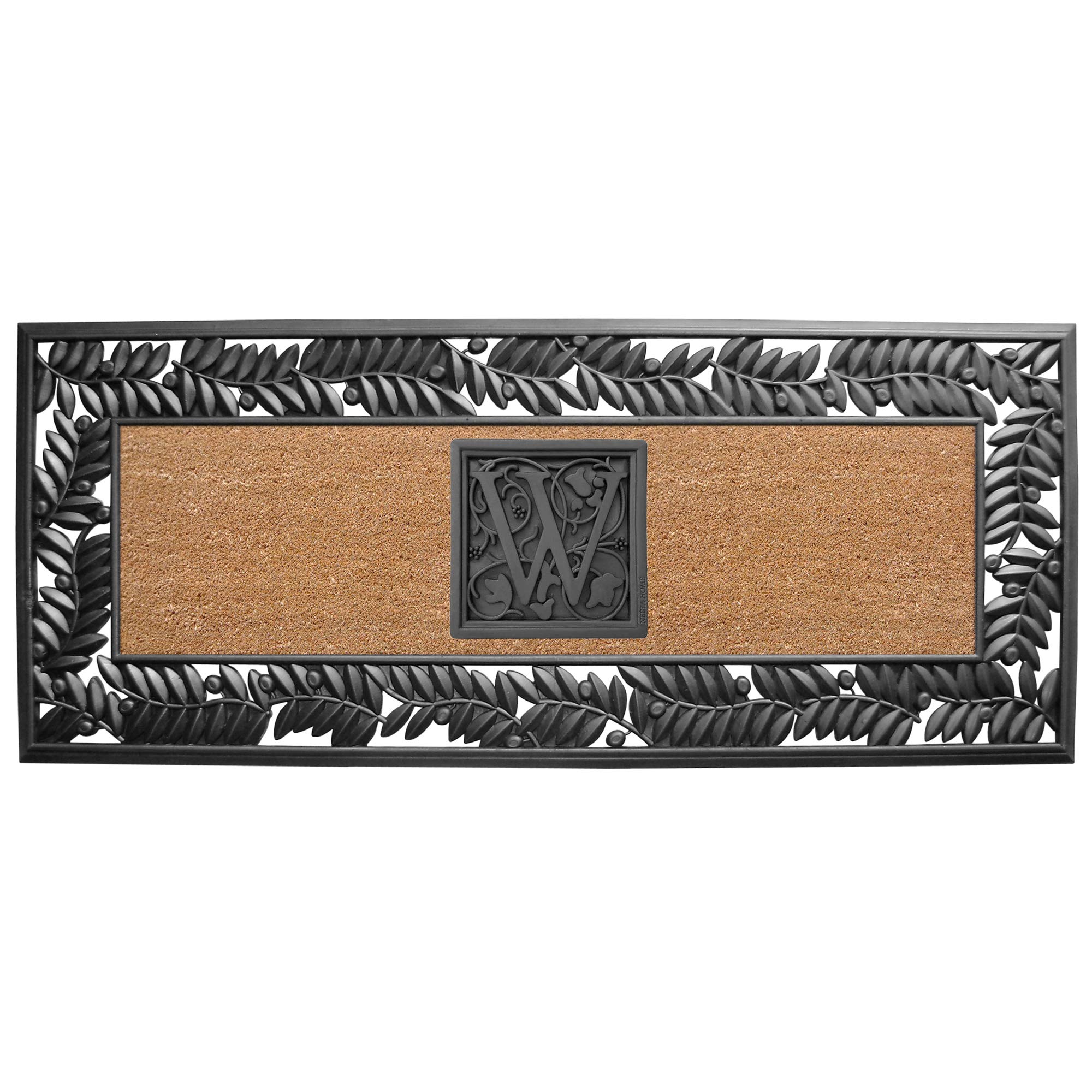 Personalized Monogram W Door Mat with Olive Border - Natural Coco Fiber Welcome Mat, Handcrafted Outdoor Rug, Eco-Friendly (24