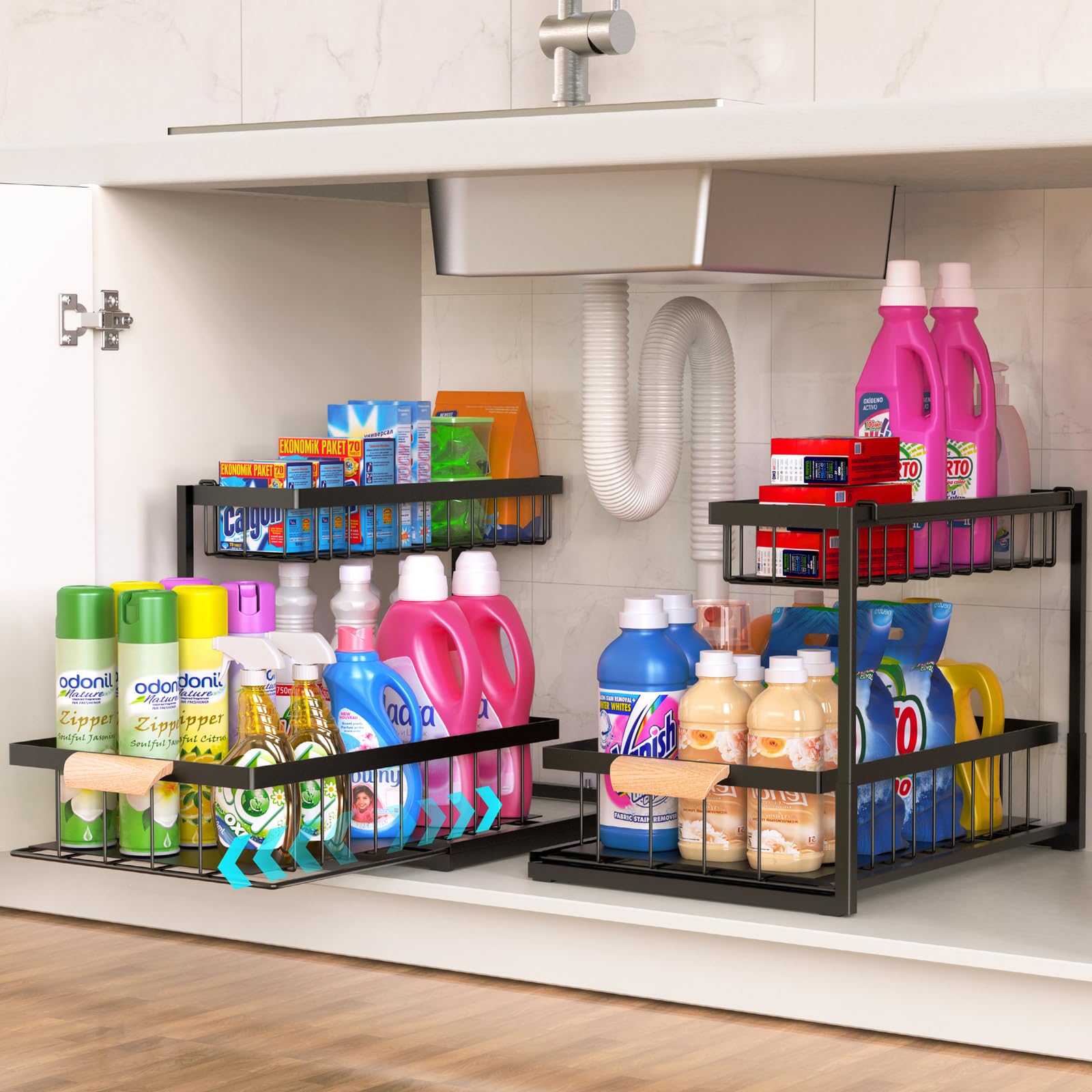 NOAHAMMER 2 Pack Under Sink Organizers - Stackable Pull Out Storage Shelves for Kitchen & Bathroom Cabinets | 2-Tier Space Saving Rack for Countertops & Cupboards | Perfect for Small Space Organization in Apartments & RVs
