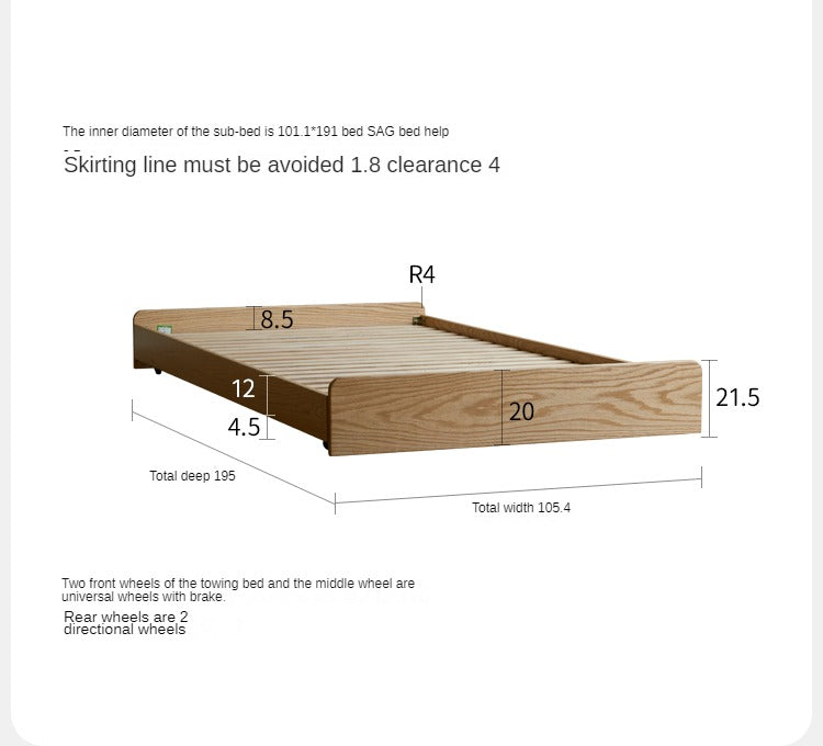 Solid Oak Wood Single Platform Bed with Wheels - No Headboard, Modern Minimalist Bed Frame for Small Spaces, Dorm Rooms & Guest Bedrooms