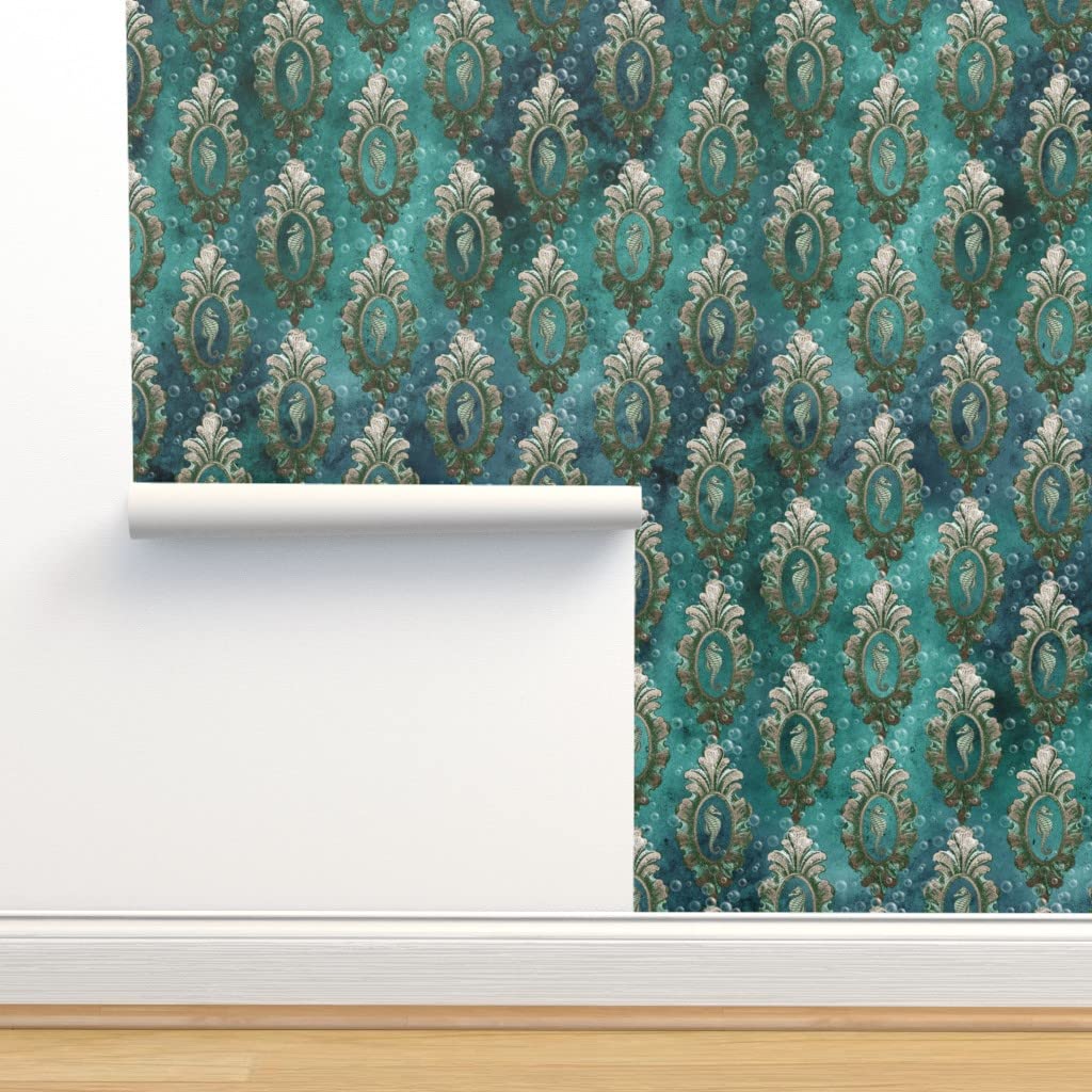 Removable Wallpaper Swatch - Seahorse Blue Teal Bubbles Tropical Ocean Design | Self-Adhesive Peel & Stick Wallpaper for Nursery, Bathroom, Bedroom Decor | Spoonflower Custom Wallpaper