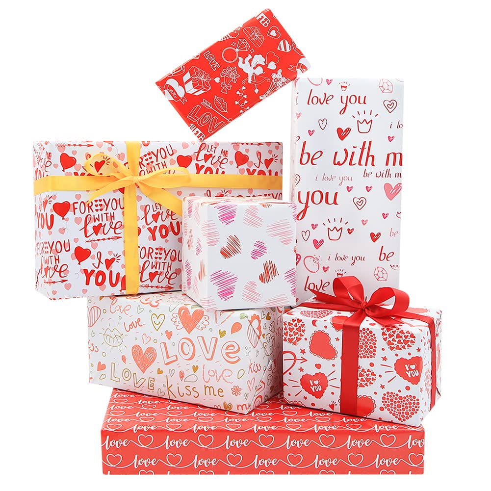 Valentine's Day Wrapping Paper Set - 7 Sheets with 7 Heart Designs in Red, White & Pink | Includes 3-Color Ribbon for Gifts | Perfect for Birthdays, Weddings, Mother's Day, Father's Day & Holidays | Great for Romantic Presents, Anniversary Gifts & Party Decorations