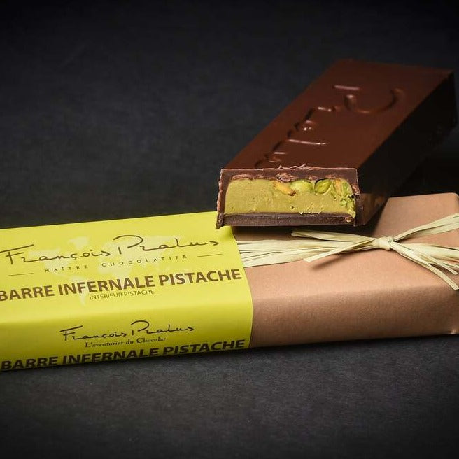 Pralus Infernale Pistachio Praline Chocolate Bar 75% Dark - Gourmet French Chocolate for Gifting, Dessert Pairing & Special Occasions