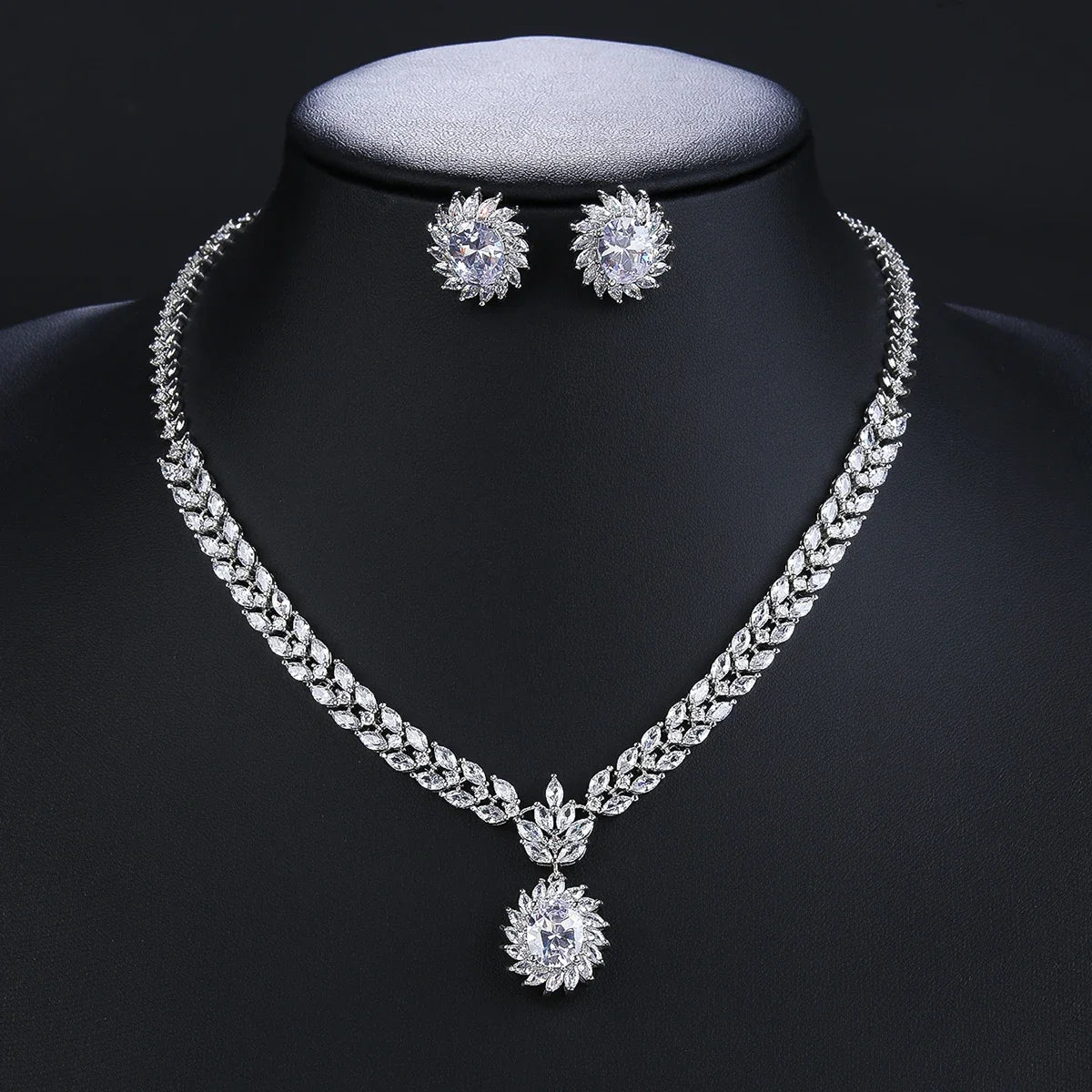 Elegant CZ Necklace and Earrings Jewelry Set - Bridal Wedding Party Jewelry - European Style Fashion Accessories for Women - Perfect for Weddings, Prom, Evening Dresses and Special Occasions