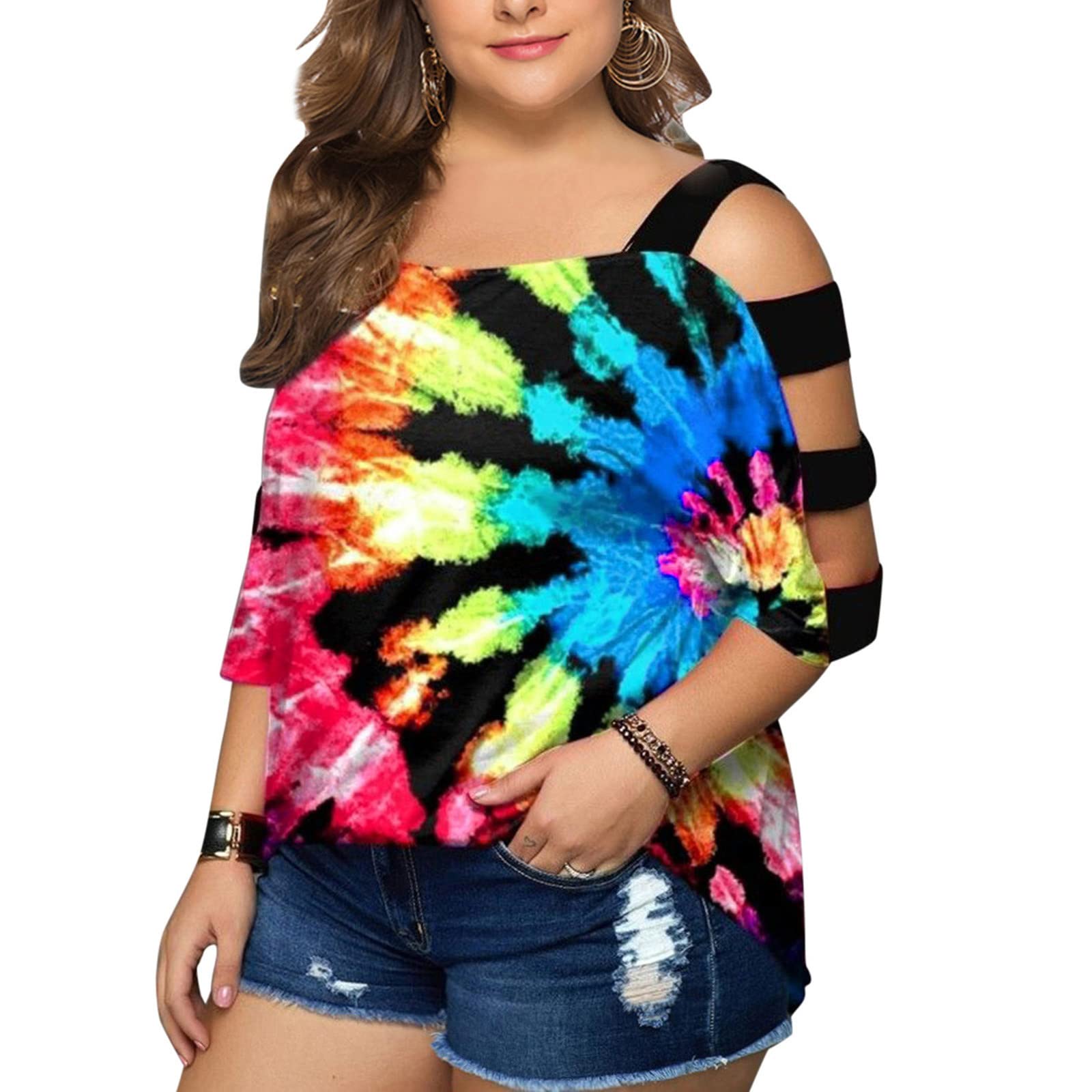 Plus Size Women's Cold Shoulder T-Shirt - 4X Bell Sleeve Summer Top with Stitching Detail | Casual Wear, Beach Outfit & Vacation Style