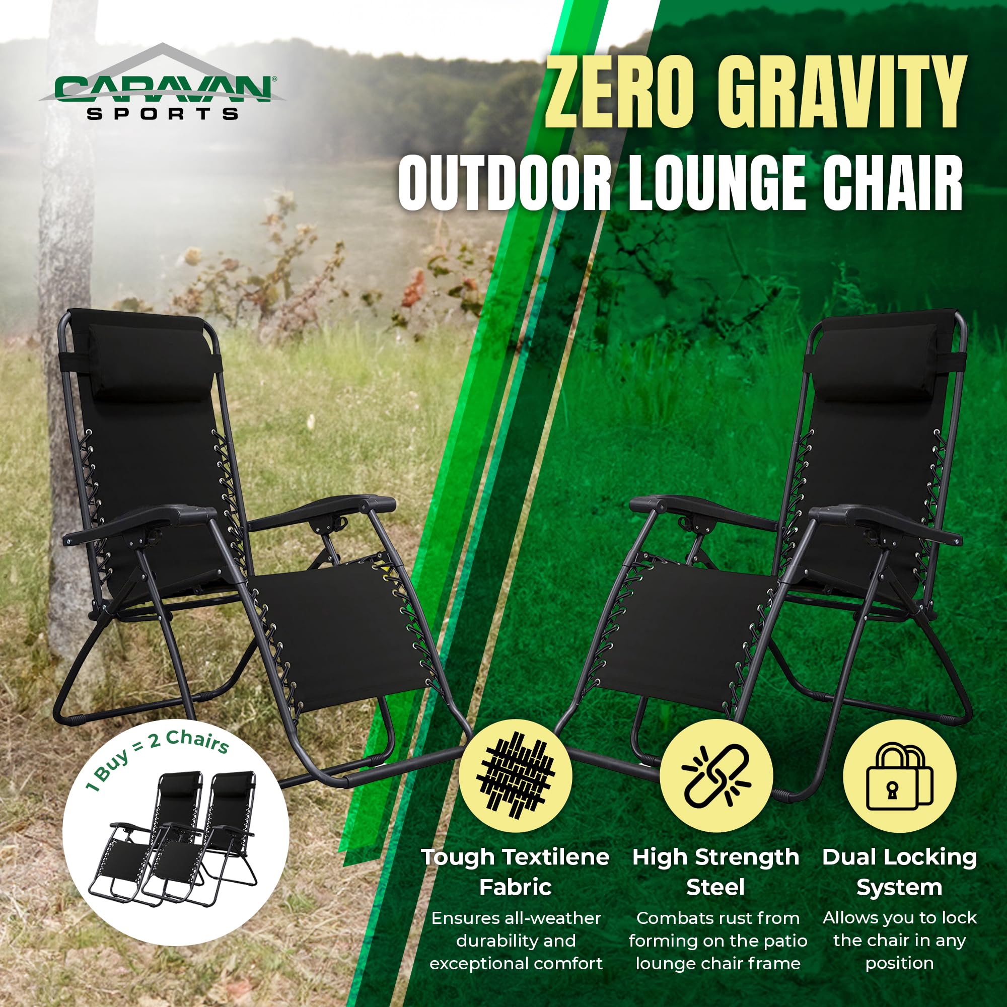 **Adjustable Zero Gravity Folding Camping Chair with Headrest - Portable Outdoor Lounge Chair for Patio, Lawn, Deck & Backyard (Pair, Black) - Perfect for Relaxing, Sunbathing & Camping Trips**