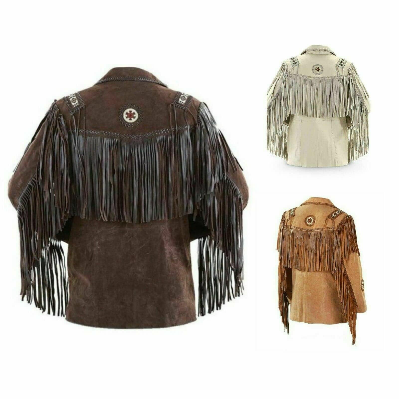 Men's Western Cowboy Jacket with Fringed Beads - Native American Style Suede Leather Coat for Rodeo, Halloween & Western Fashion