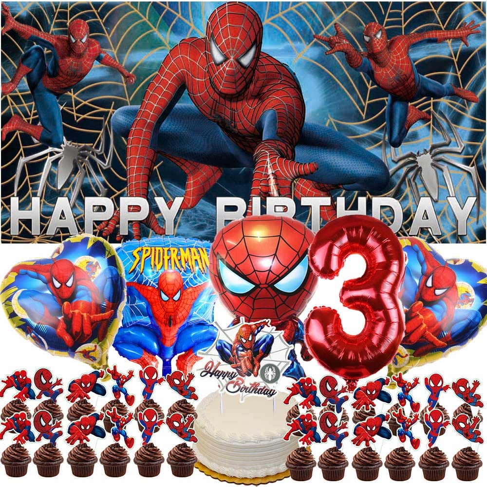 MISCOO Spiderman Party Decorations Set - 3rd Birthday Banner, Balloons, Backdrop for Boys | Superhero Themed Party Supplies | Perfect for Kids Birthday, Baby Shower, Superhero Celebration