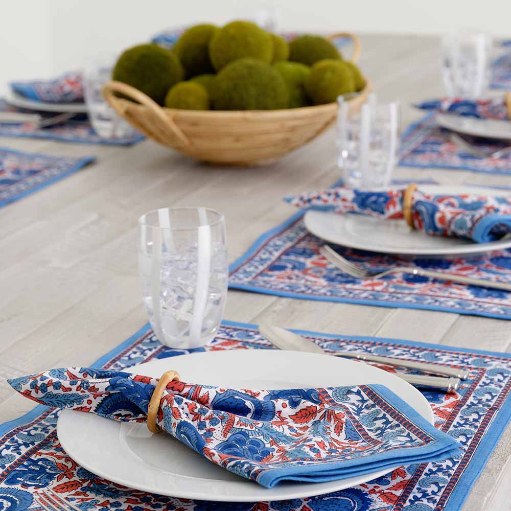 Bohemian Floral Blues & Paprika Placemats Set of 4 - Stylish Table Mats for Dining, Kitchen Decor, Party, and Home Entertaining